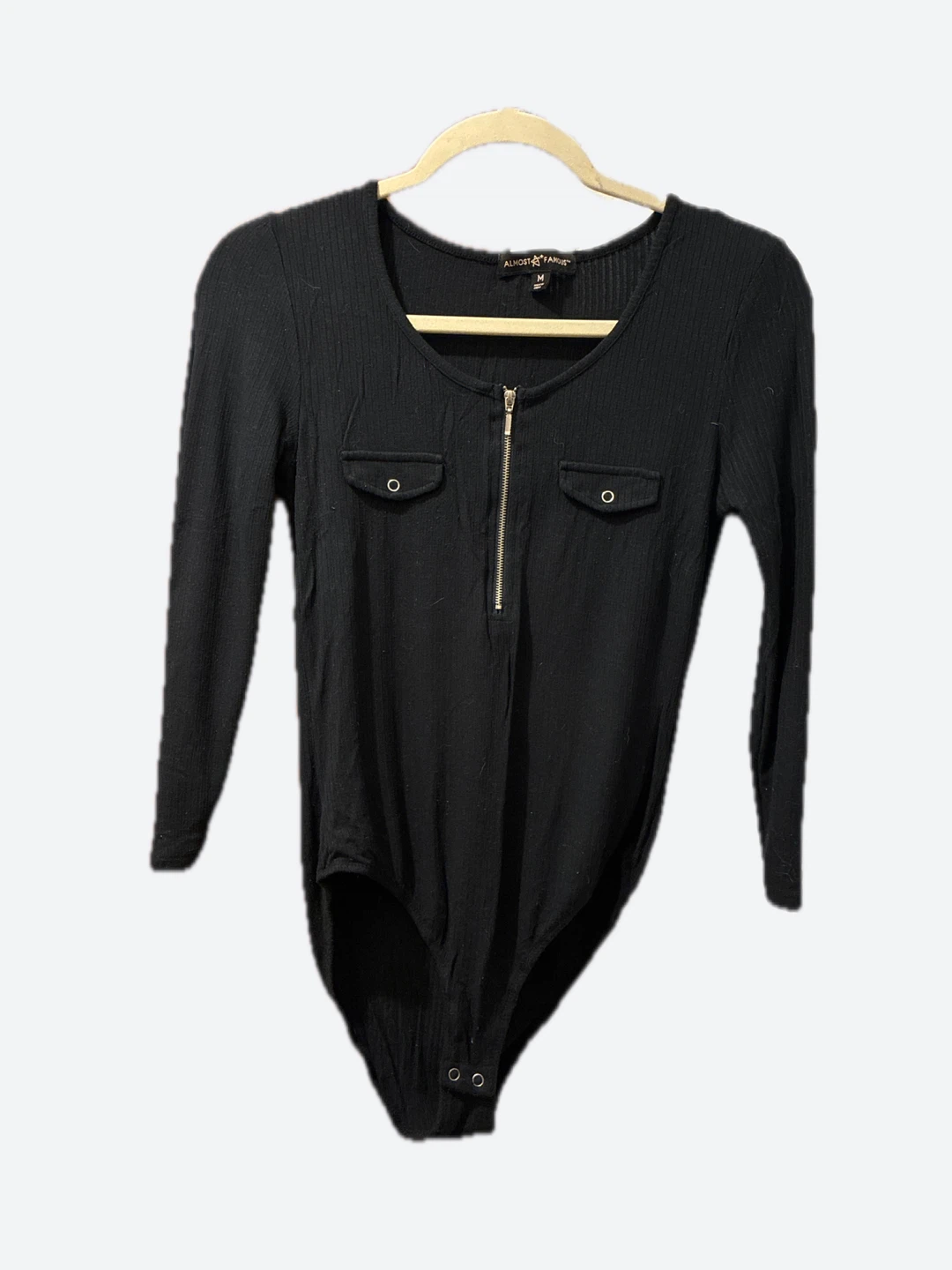 Almost Famous Black Ribbed Zipper Bodysuit Size M