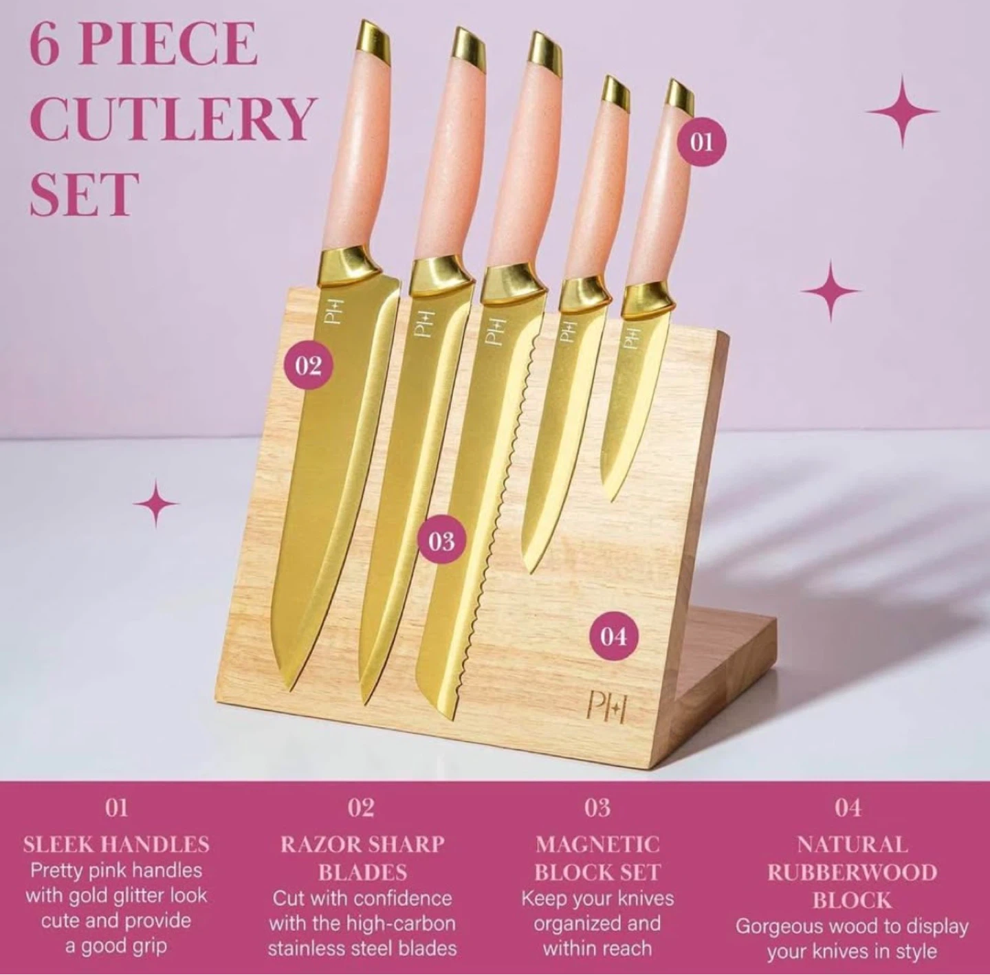 Paris Hilton Knife Block Set Magnetic Wooden Knife Block 6-Piece - photo 2