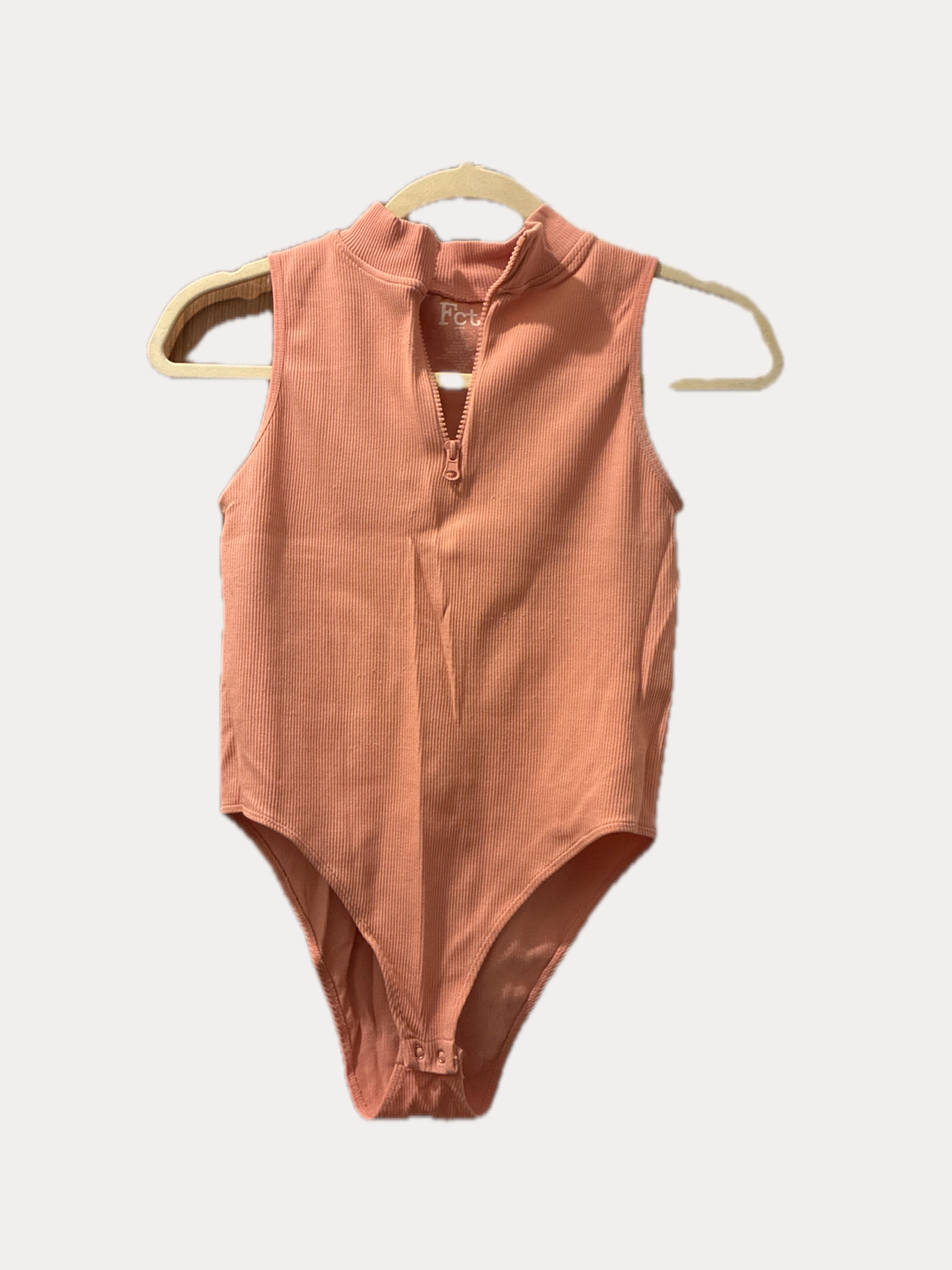 Femme Ribbed Sleeveless Zip Neck Bodysuit - Coral