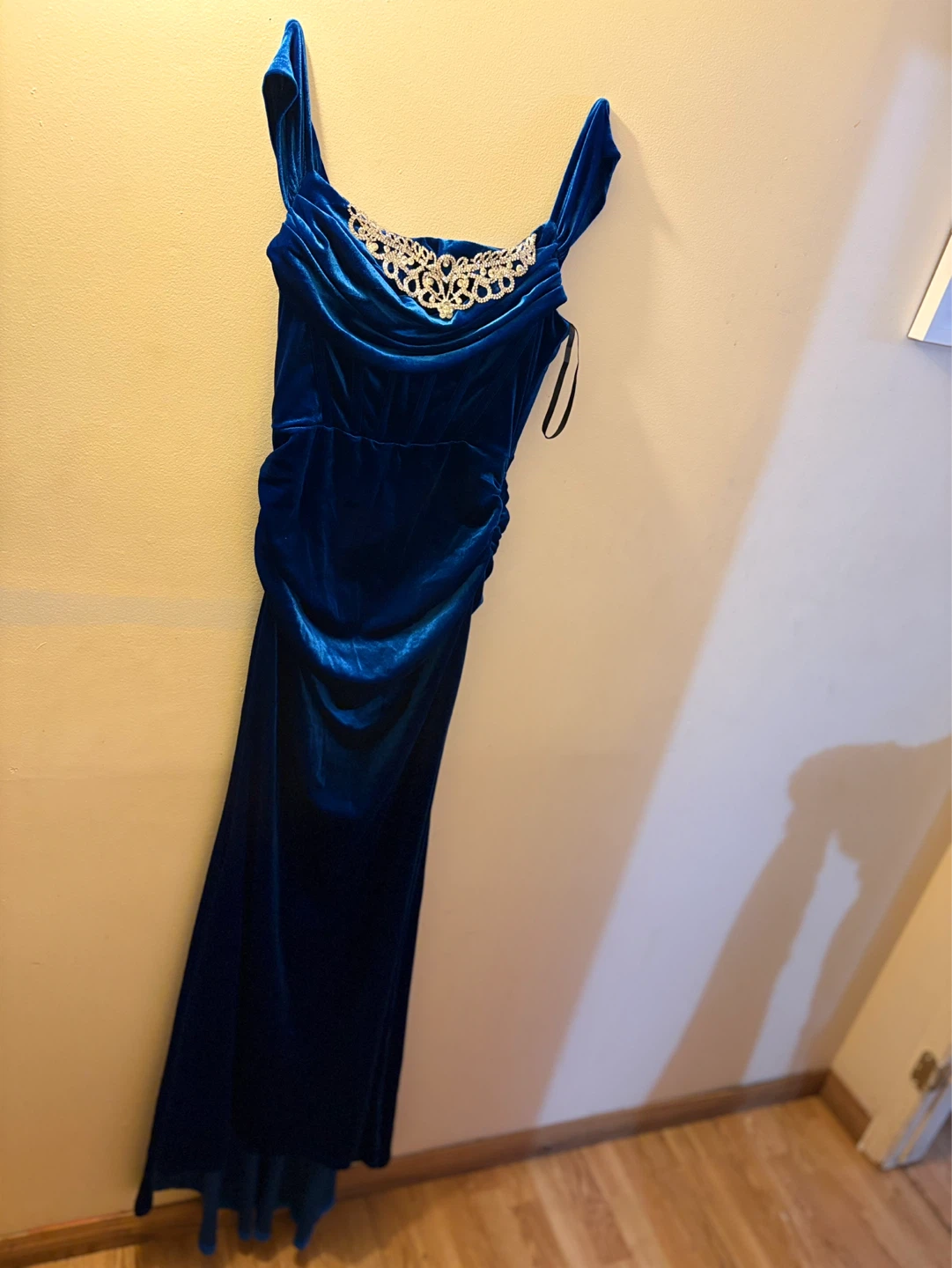 Velvet Mermaid Gown with Embellished Neckline - Royal Blue