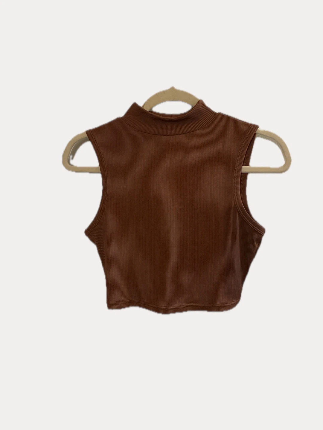 Sleeveless Mock Neck Ribbed Crop Top - Brown