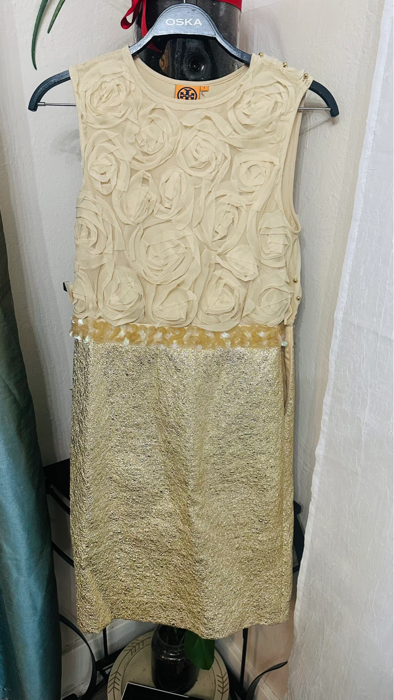 Tory Burch Cream & Gold Embellished Dress Size 6