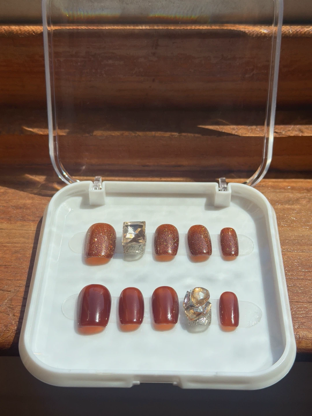 Burnt Amber Glitter Press On Nails with Crystal Gems - photo 3