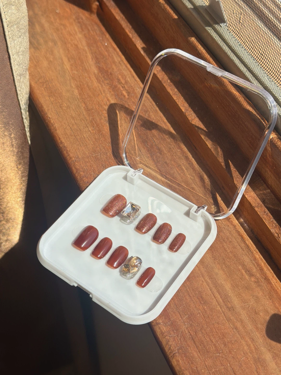 Burnt Amber Glitter Press On Nails with Crystal Gems