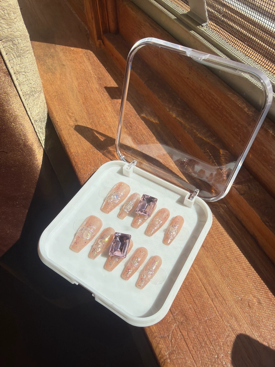 Handmade Peach Glitter Rhinestone Press On Nails - Size XS