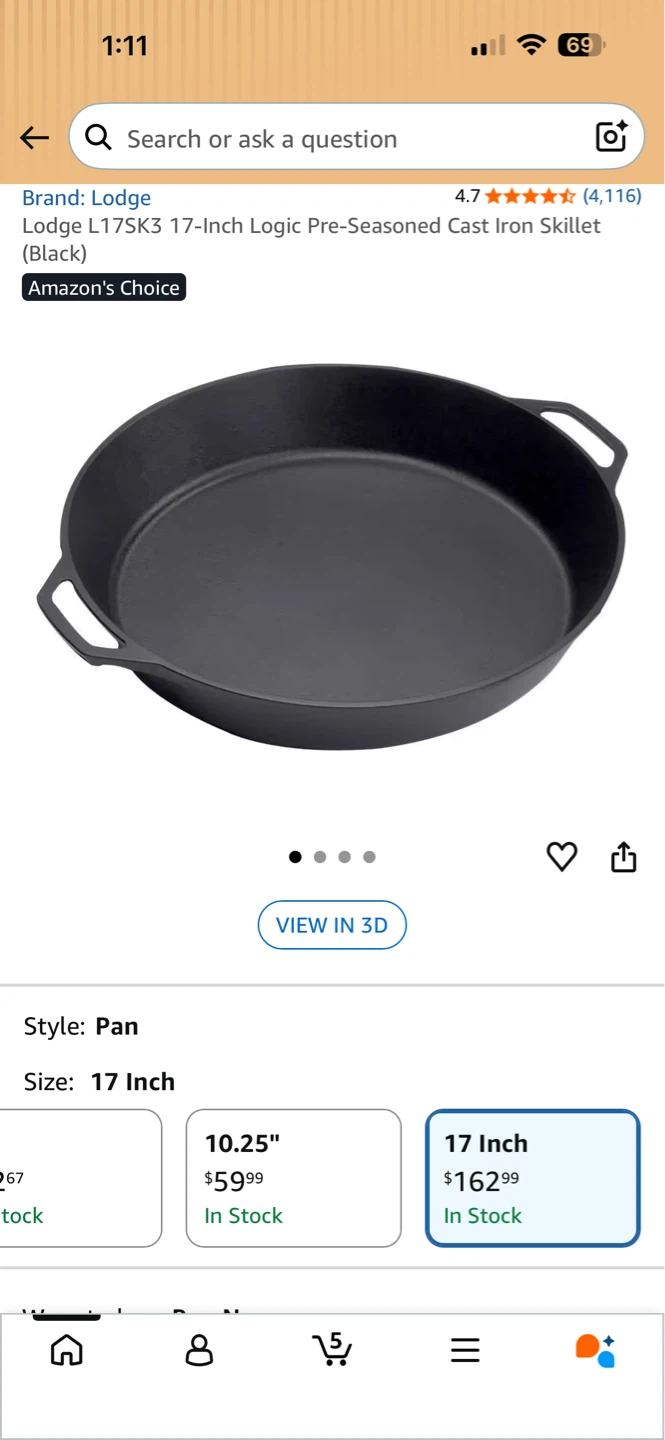 LODGE XL CAST IRON SKILLET 17” DOUBLE HANDLE FRYING PAN