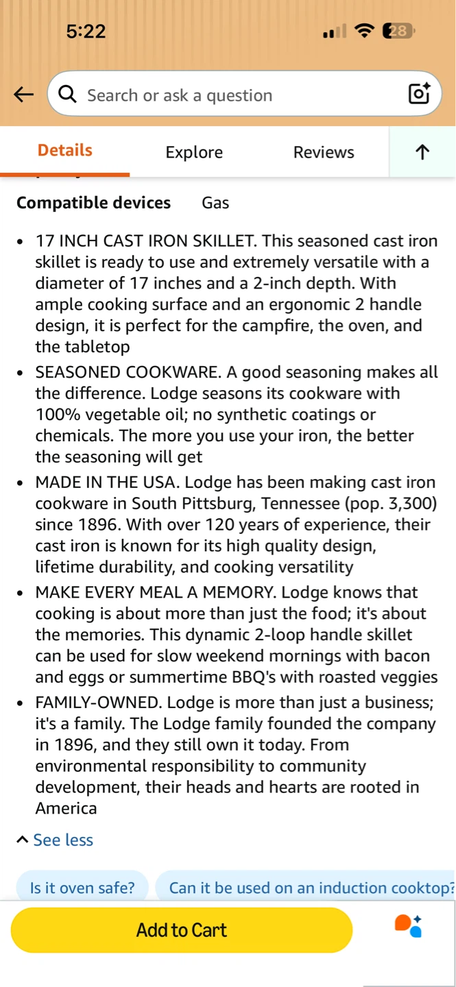 LODGE XL CAST IRON SKILLET 17” DOUBLE HANDLE FRYING PAN - photo 2