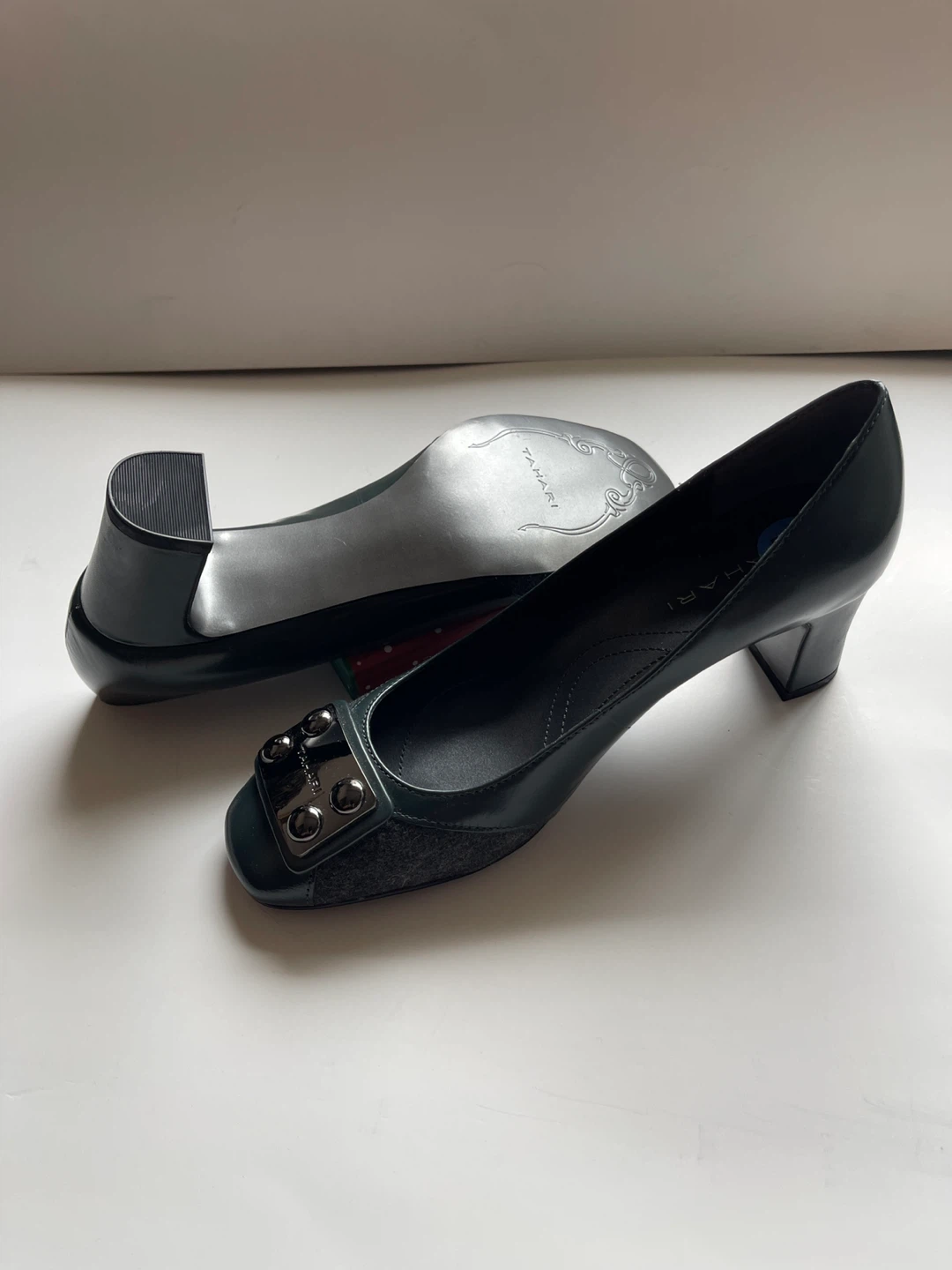 Tahari Women's Dark Green Block Heel Pumps with Embellished Toe
