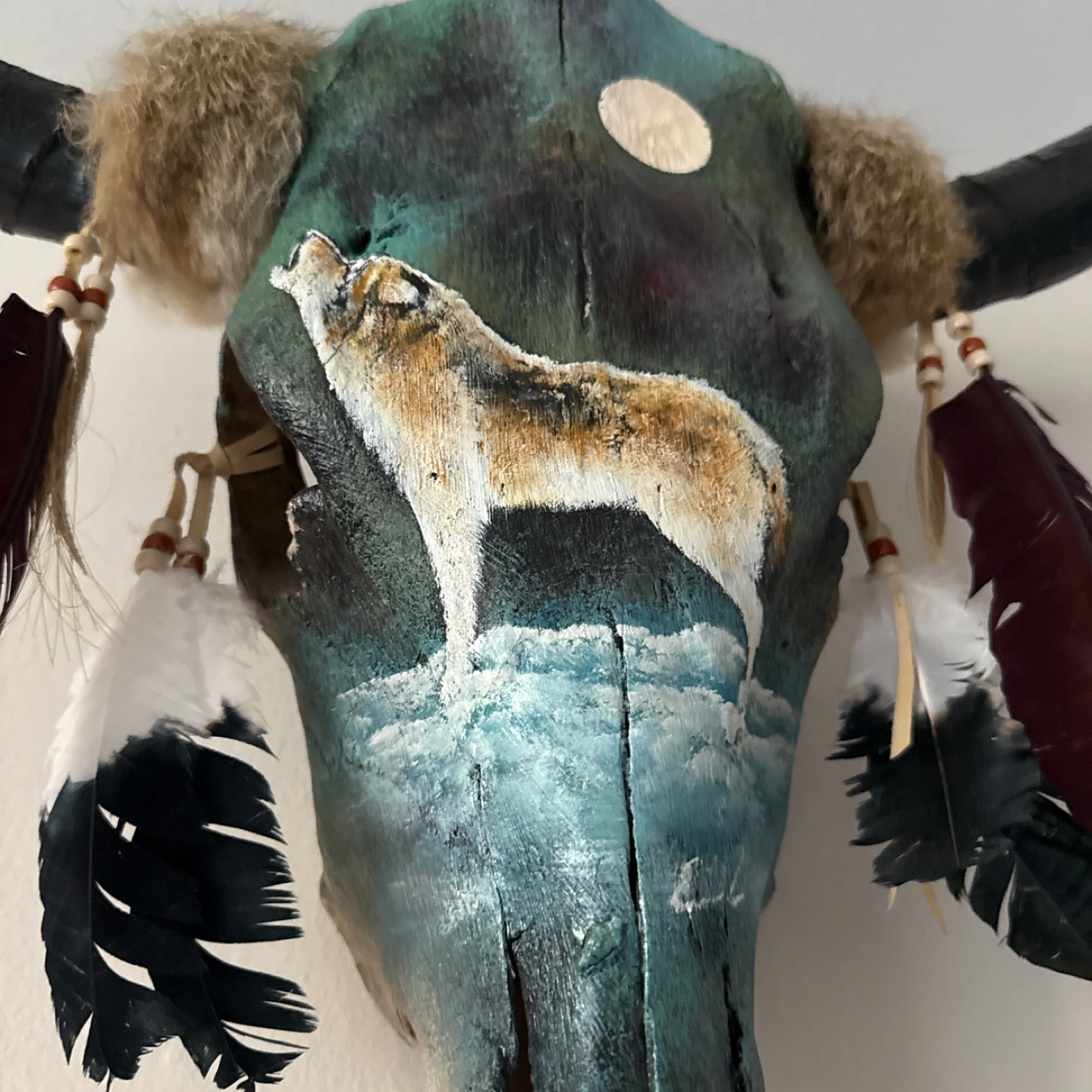 Painted Buffalo Skull with Wolf and Feathers - photo 2