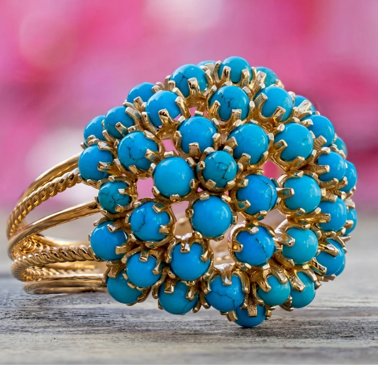 Stunning Gold Tone Ring with Turquoise Beads