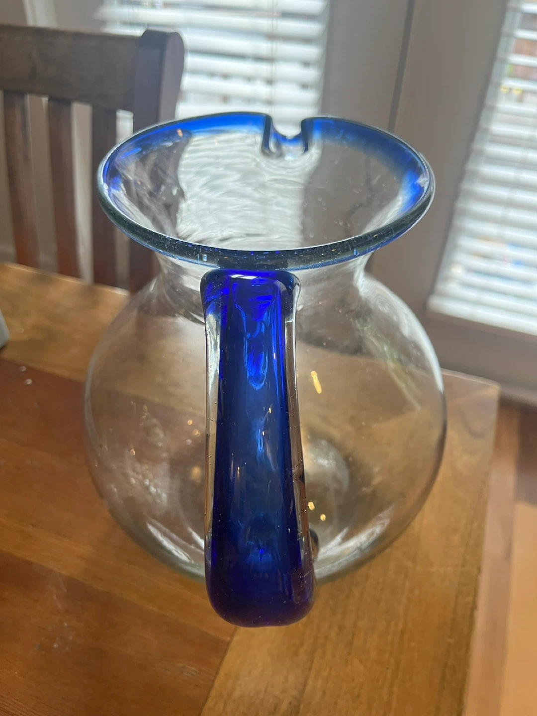 🌱 Mexican Hand-Blown Glass Pitcher with Blue Rim and Handle - photo 2