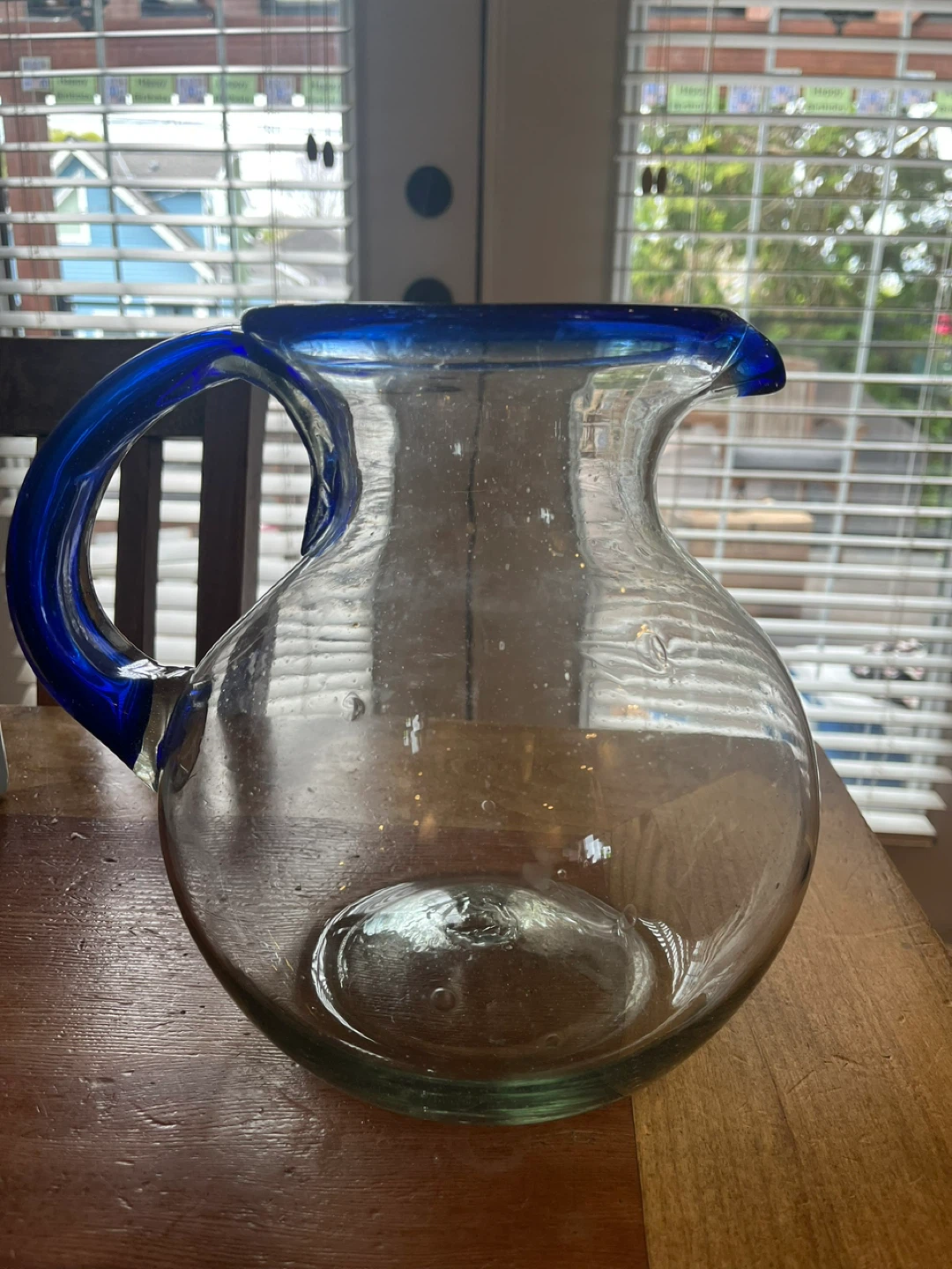 🌱 Mexican Hand-Blown Glass Pitcher with Blue Rim and Handle