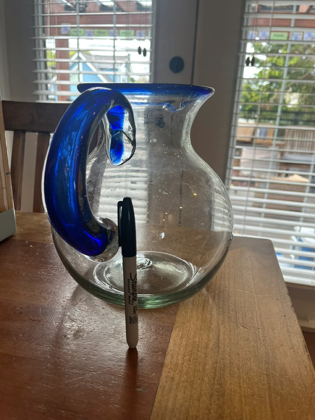 🌱 Mexican Hand-Blown Glass Pitcher with Blue Rim and Handle - photo 4