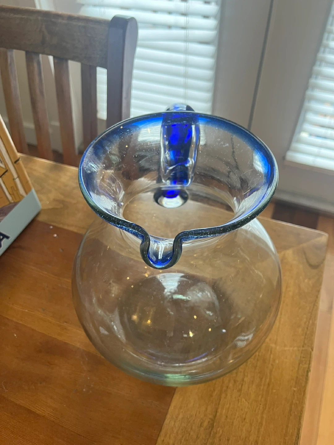 🌱 Mexican Hand-Blown Glass Pitcher with Blue Rim and Handle - photo 3