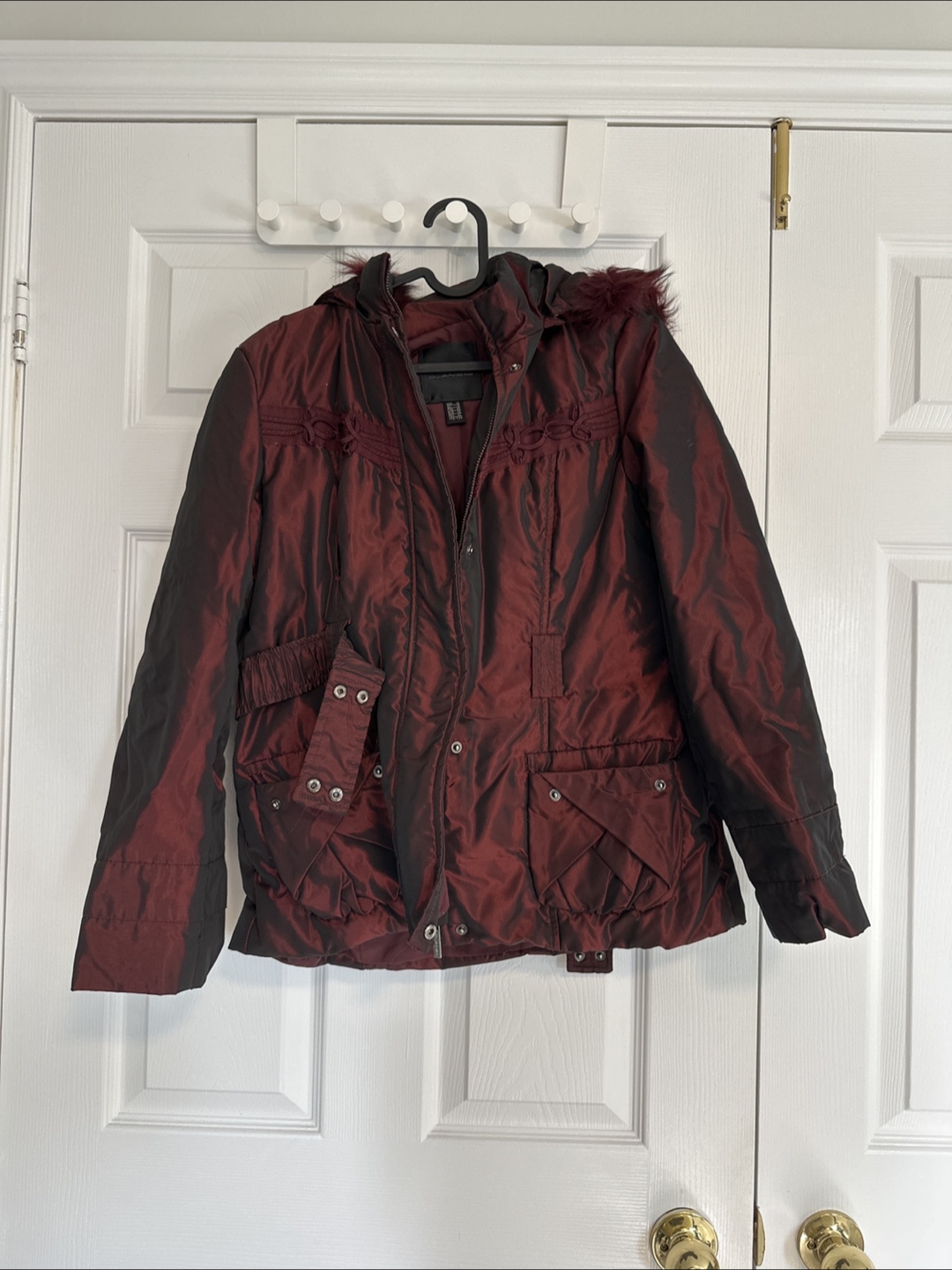 Red Puffer Jacket with Fur Trim