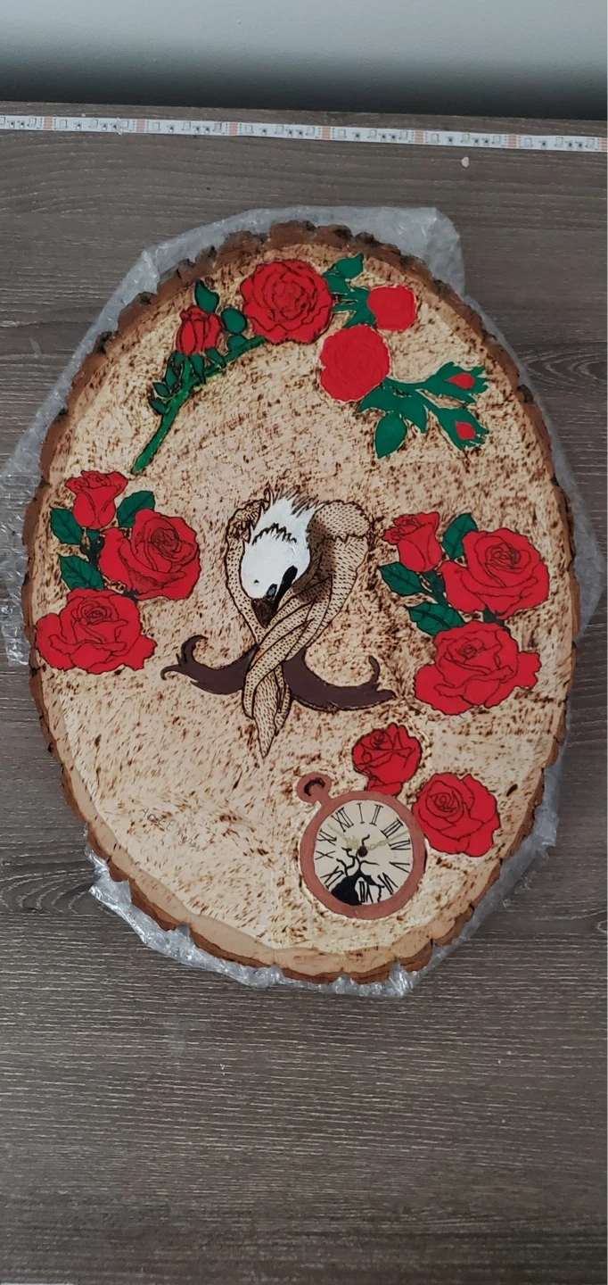 Wooden Slice Art with Roses and Clock