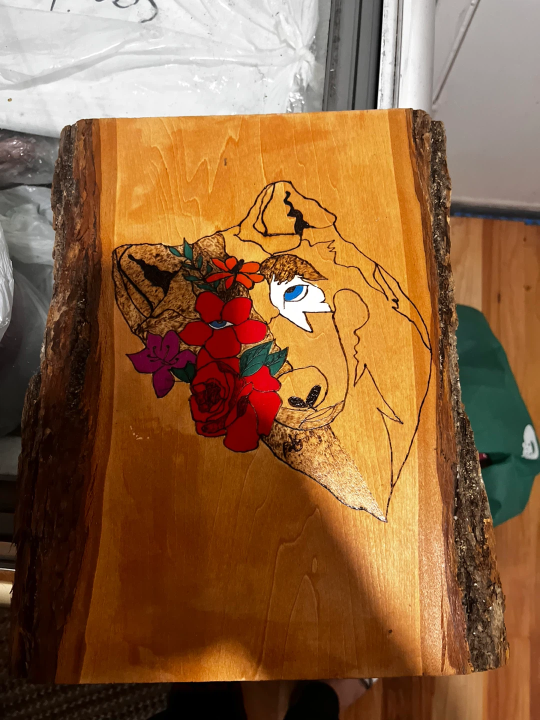 Wood Slice Art with Floral Wolf Design