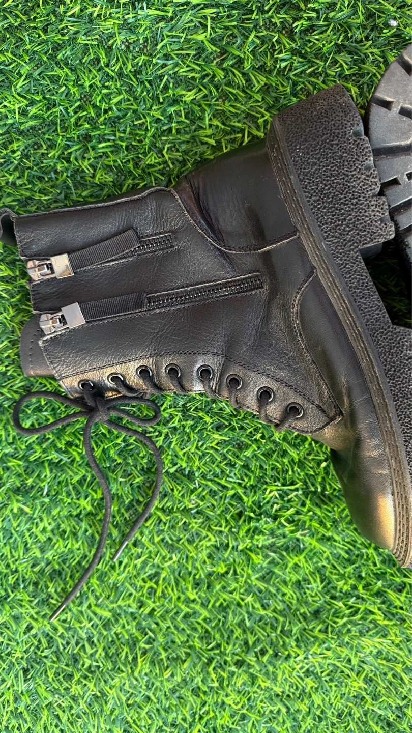 Black Leather Combat Boots with Side Zippers - photo 3