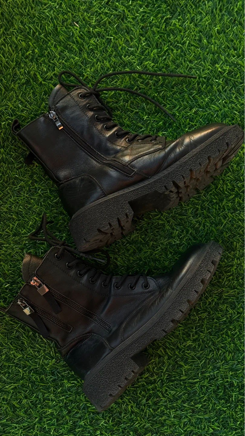 Black Leather Combat Boots with Side Zippers