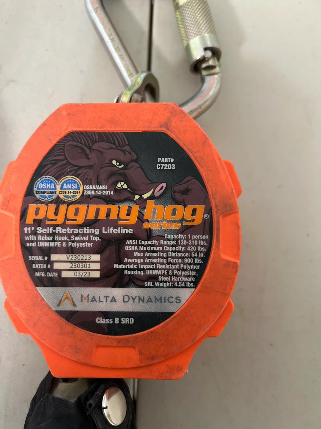 Malta Dynamics Pygmy Hog 11' Self-Retracting Lifeline Set - photo 3