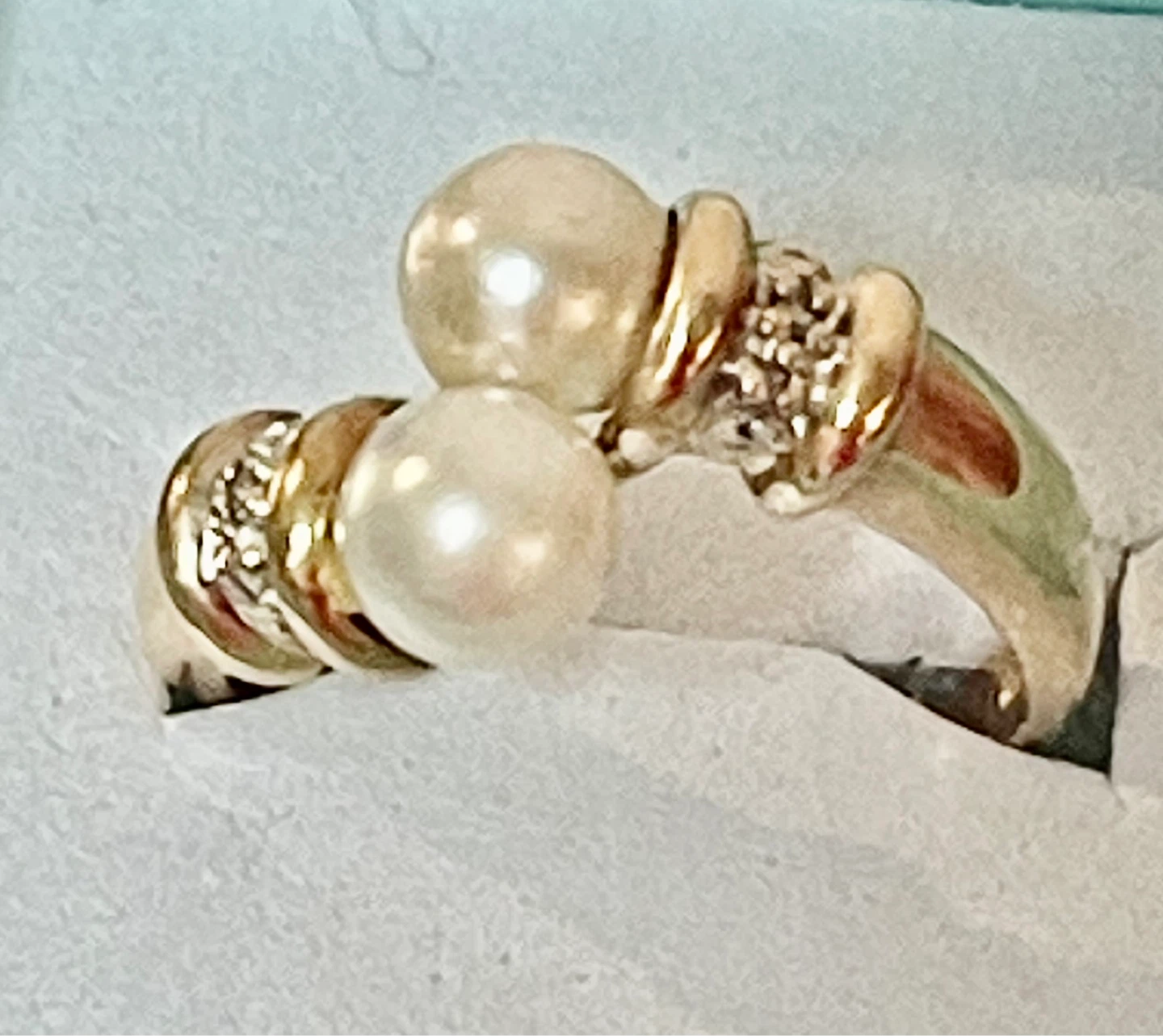 10k Yellow Gold Pearl and Diamond Bypass Ring