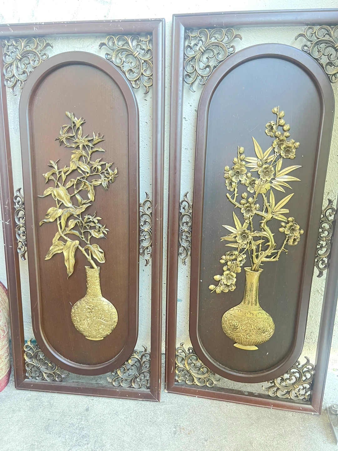 Vintage Wooden Wall Art Set with Brass Accents