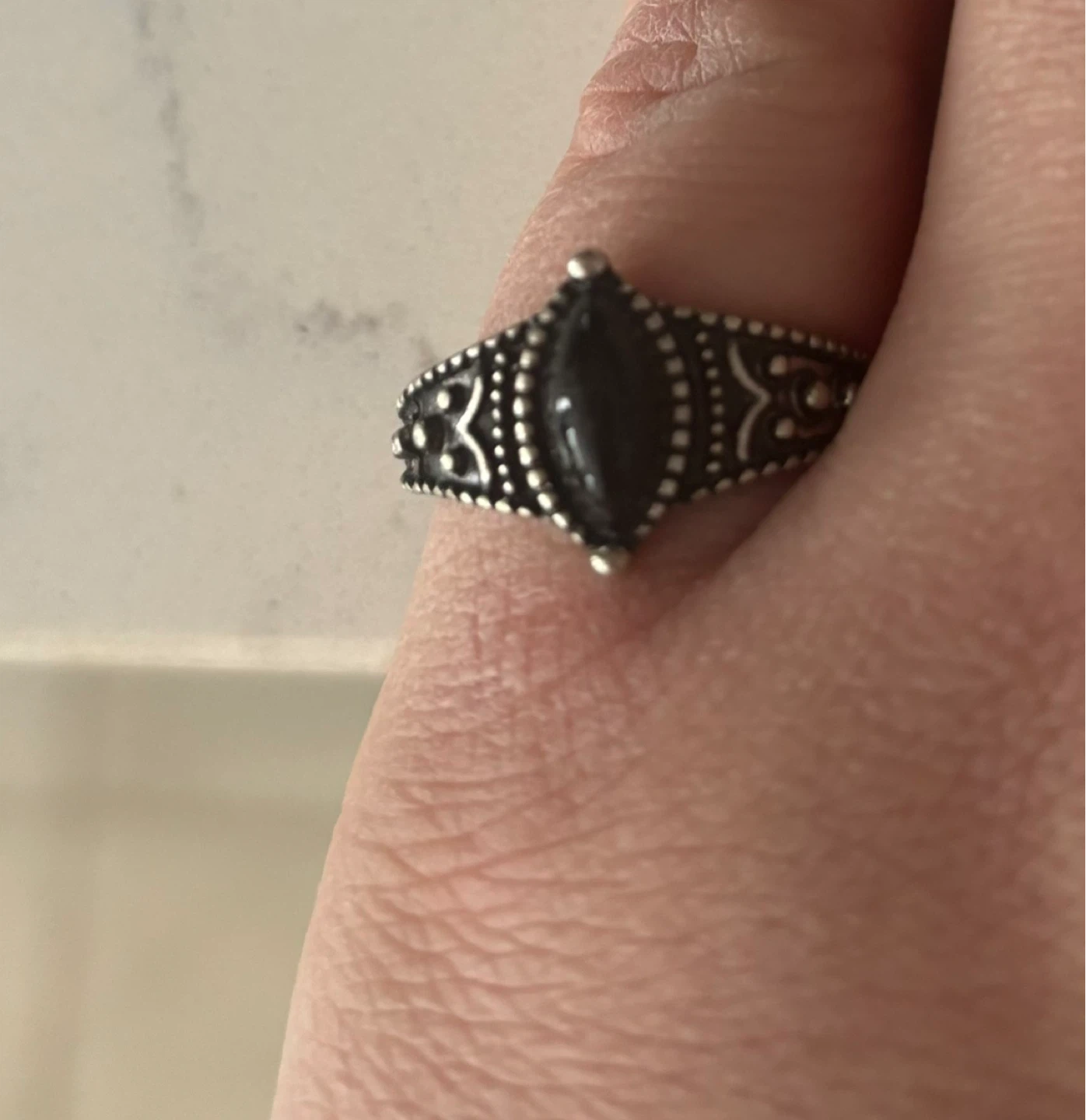 Silver tone marquise black stone ring