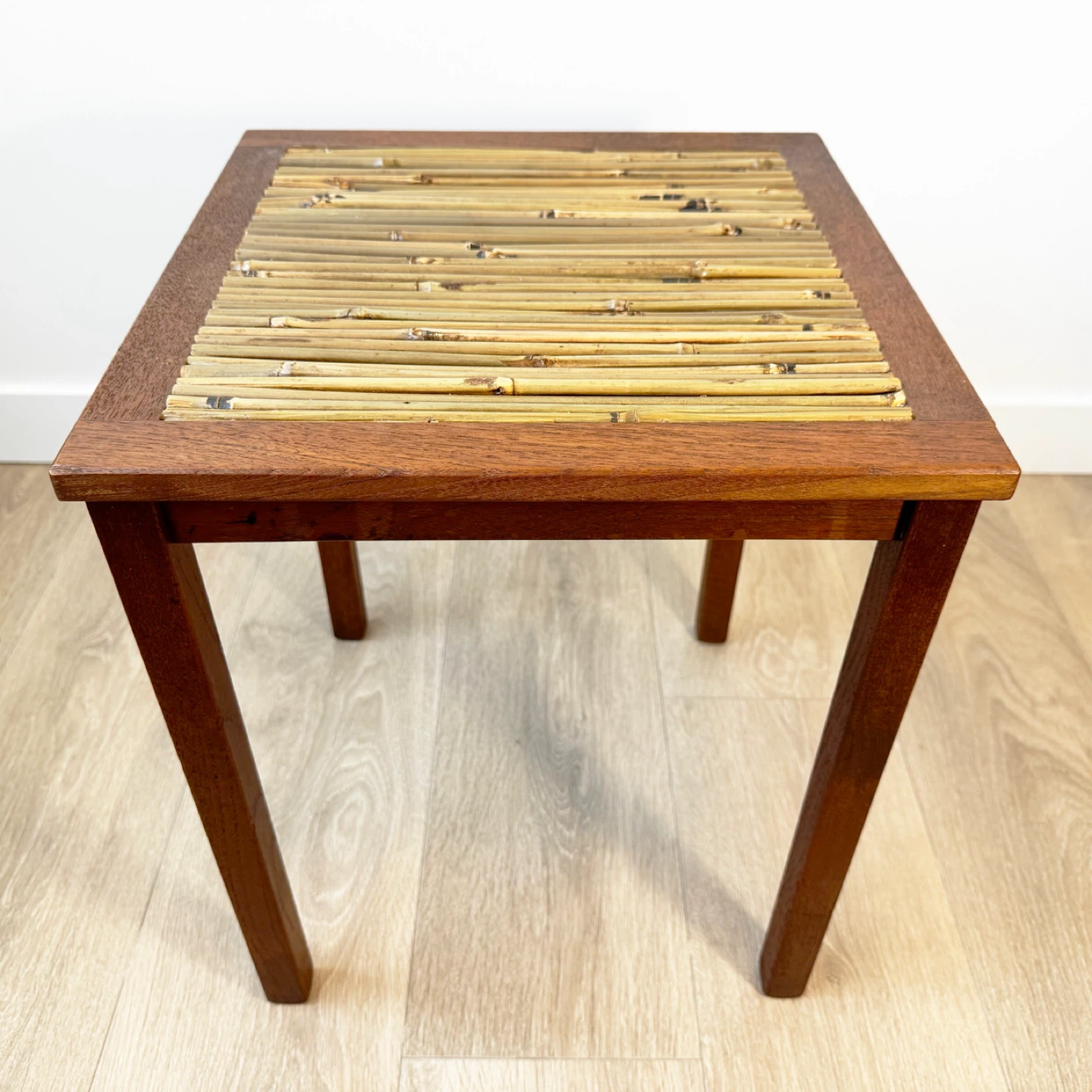 Danish Mid Century side table. Custom bamboo top.