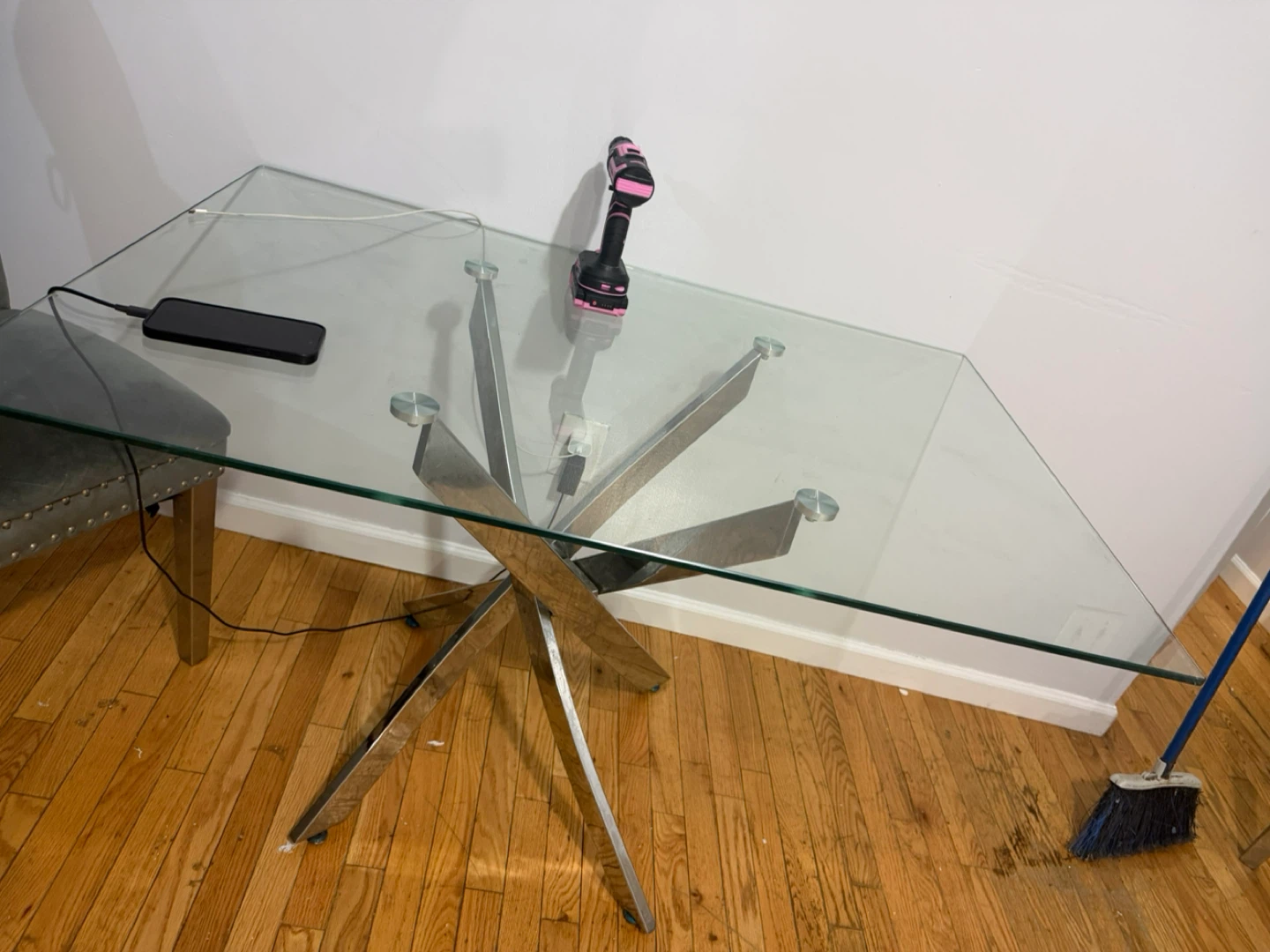 Glass Dining Table with Chrome Pedestal Base