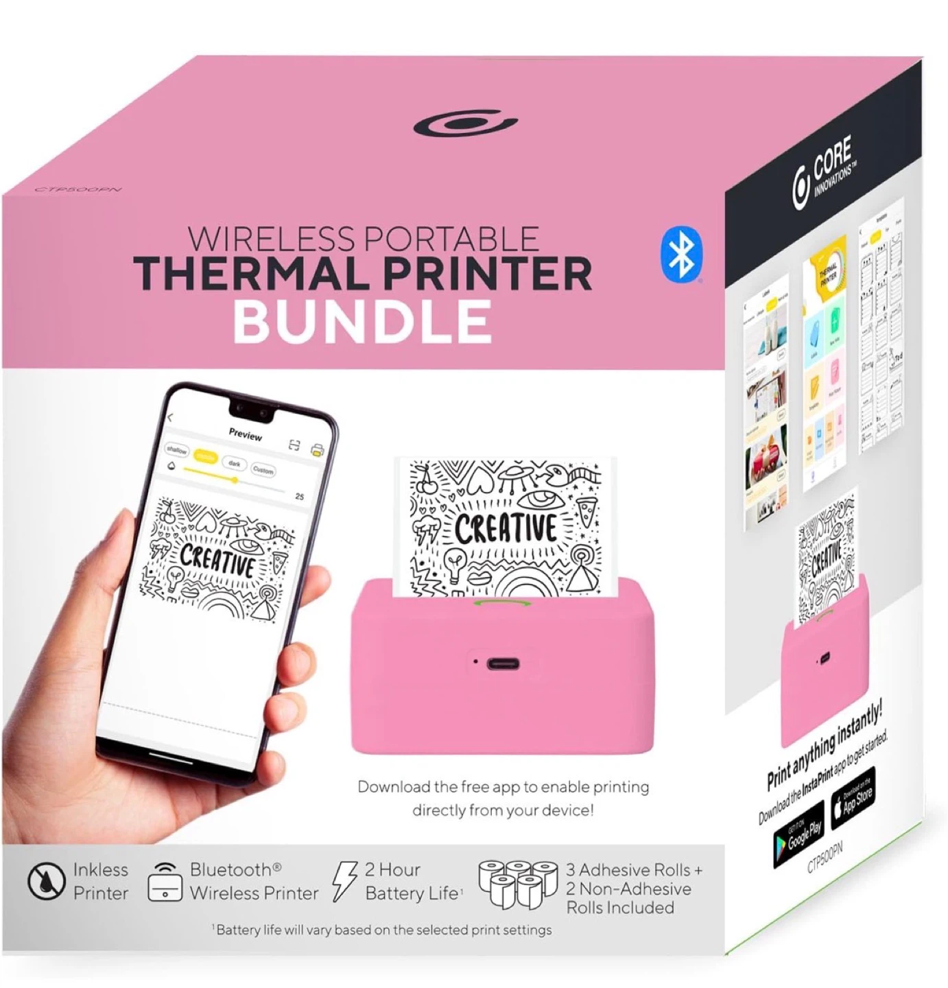 CORE Innovations Wireless Portable Thermal Printer Bundle - Pink