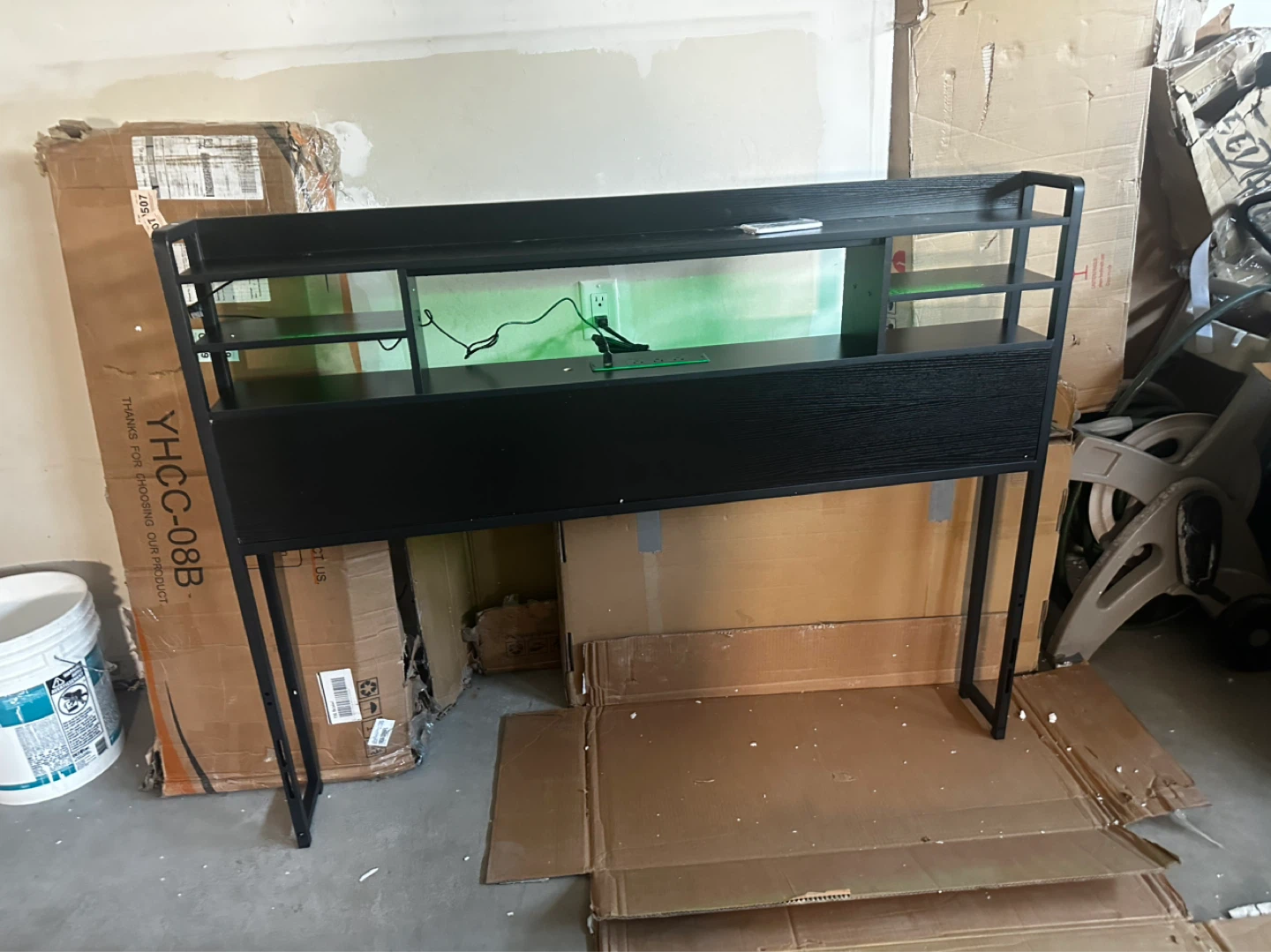 Black Metal and Wood headboard with Built-in Power