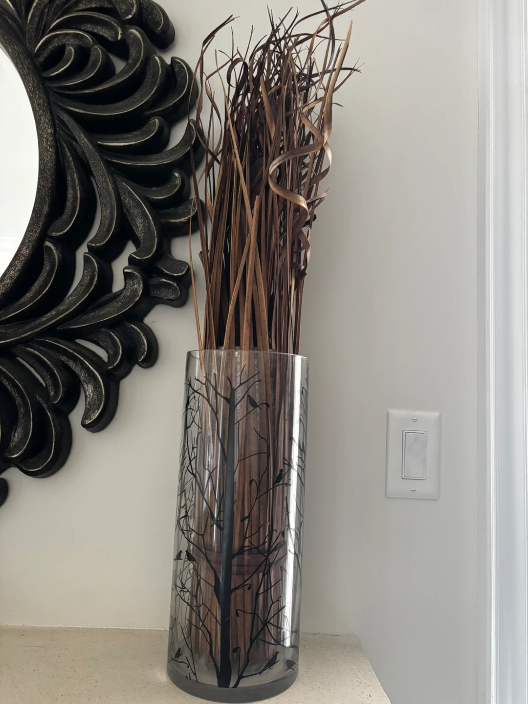 Decorative Glass Vase with Tree and Bird Design
