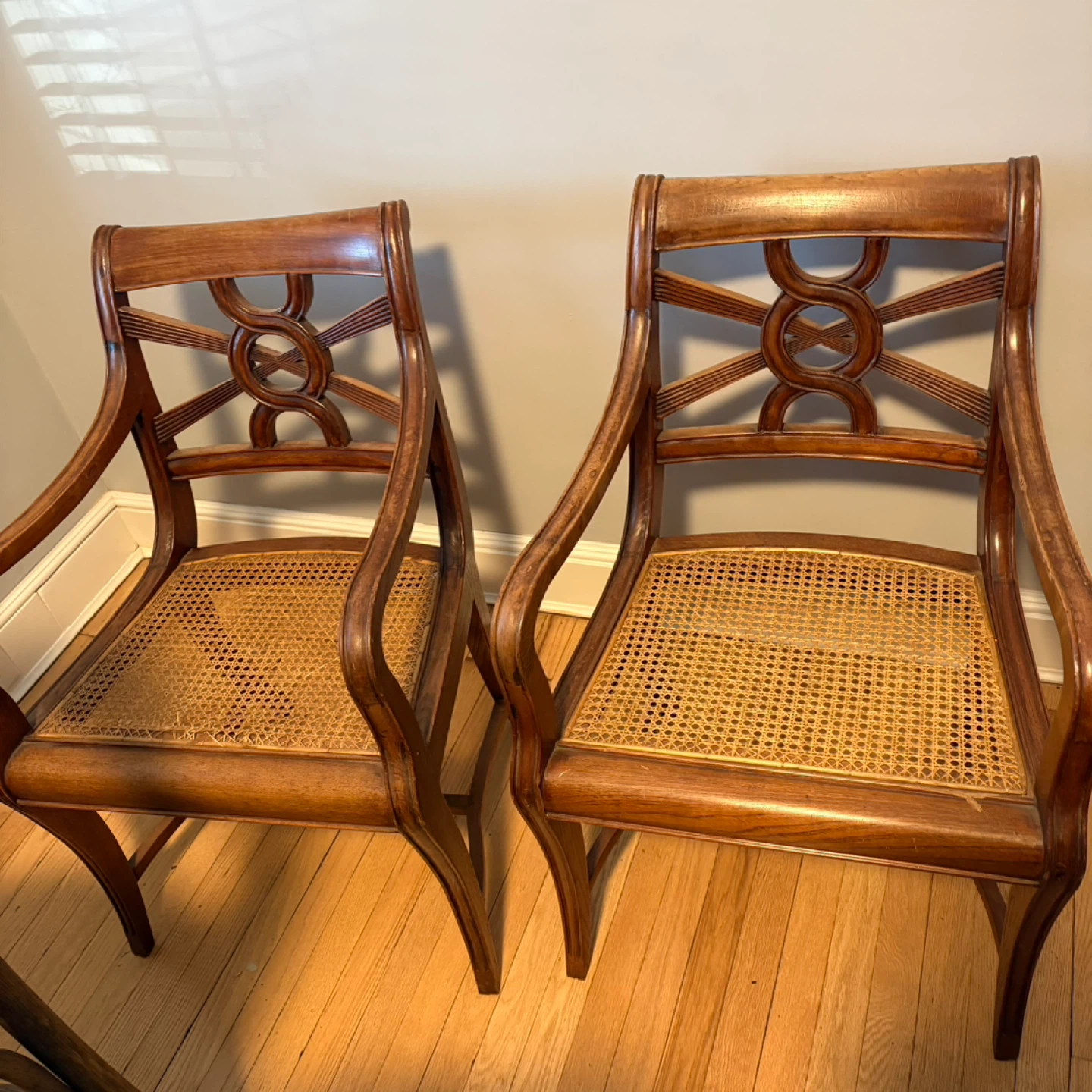 Set of 2 Vintage Wood and Cane Accent Chairs