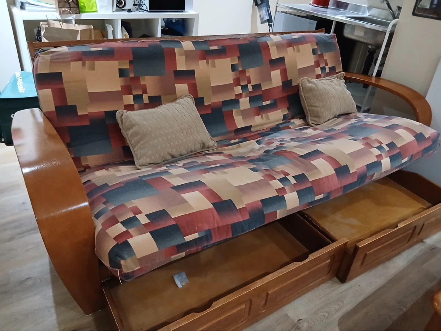 Wooden Futon Couch with Storage and Matching Coffee Table - photo 3