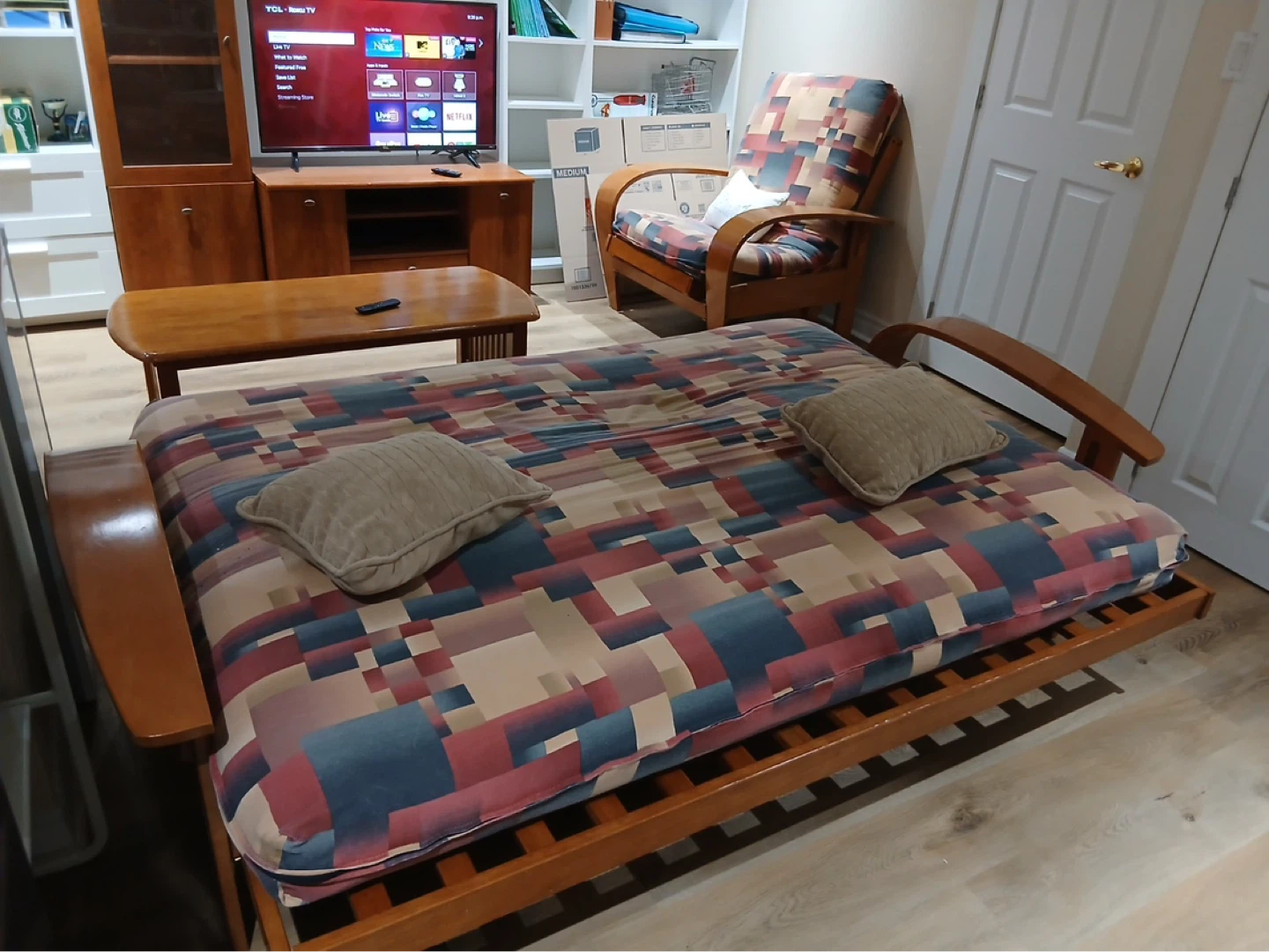 Wooden Futon Couch with Storage and Matching Coffee Table - photo 2
