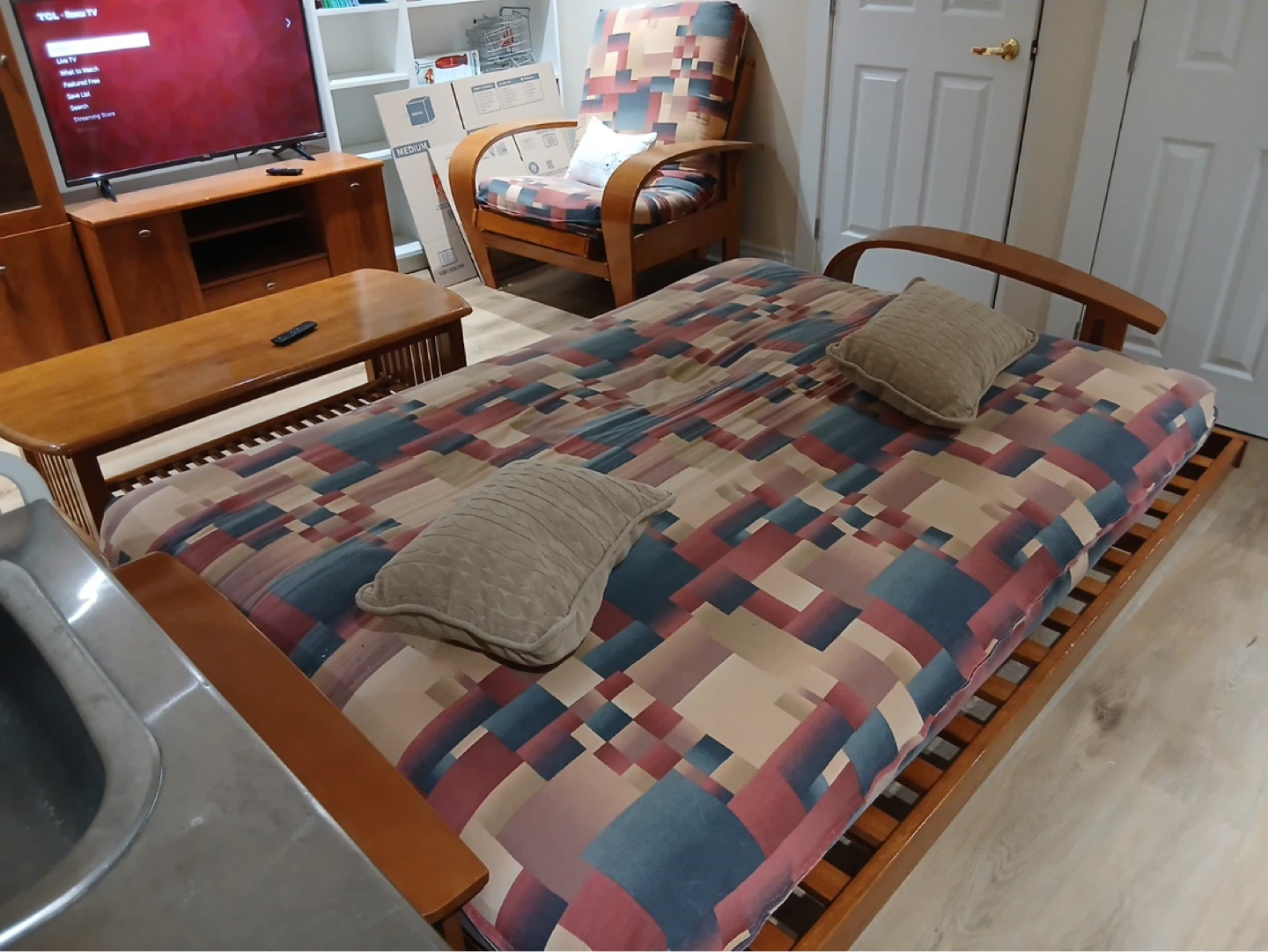 Wooden Futon Couch with Storage and Matching Coffee Table - photo 5