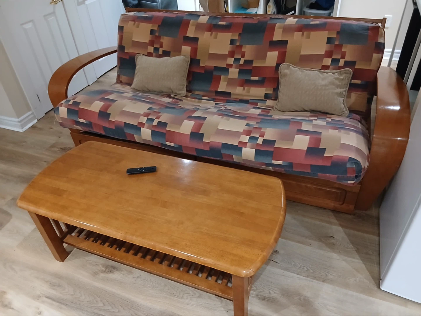 Wooden Futon Couch with Storage and Matching Coffee Table