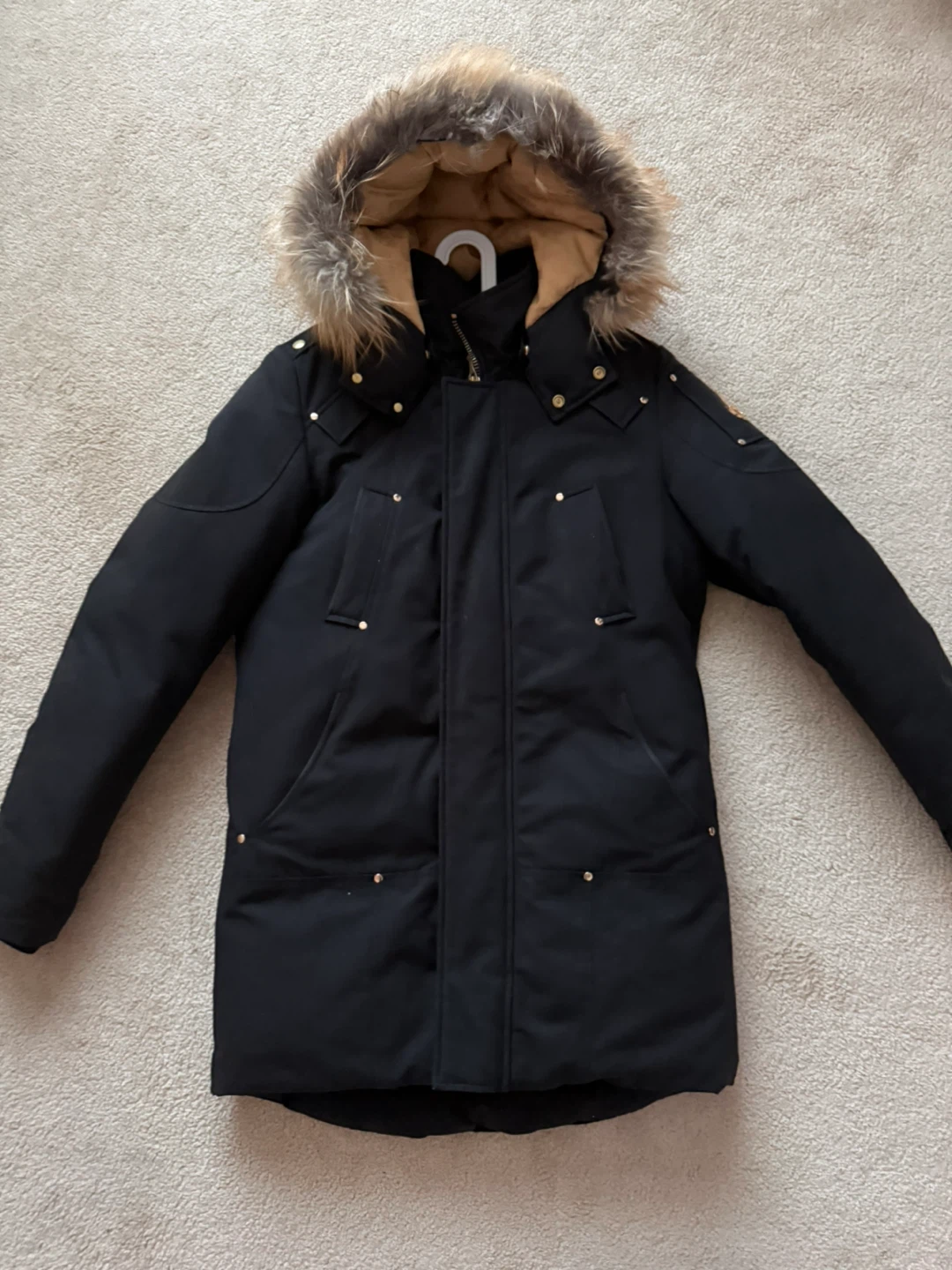 Moose Knuckles Black Parka with Fur Hood