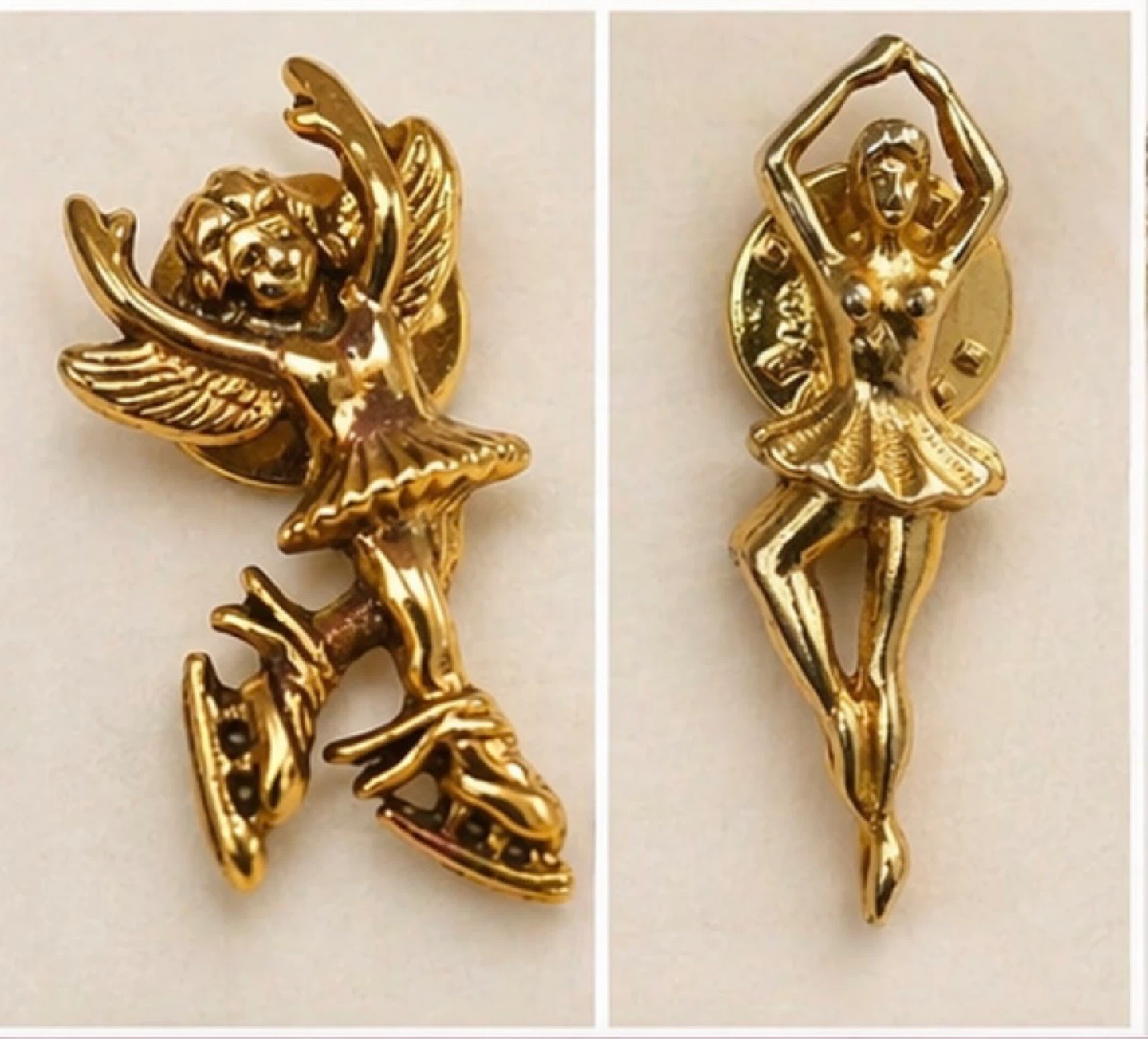 Vintage Skater & Ballerina Gold Pin Set