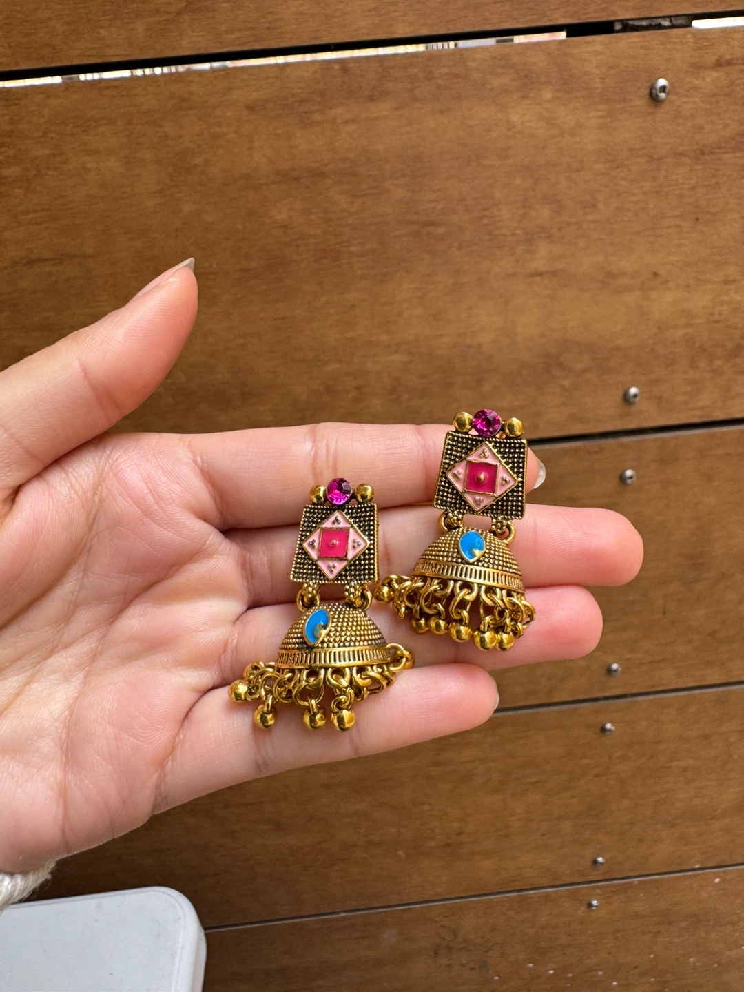 Gold Tone Jhumka Earrings with Pink and Blue Enamel