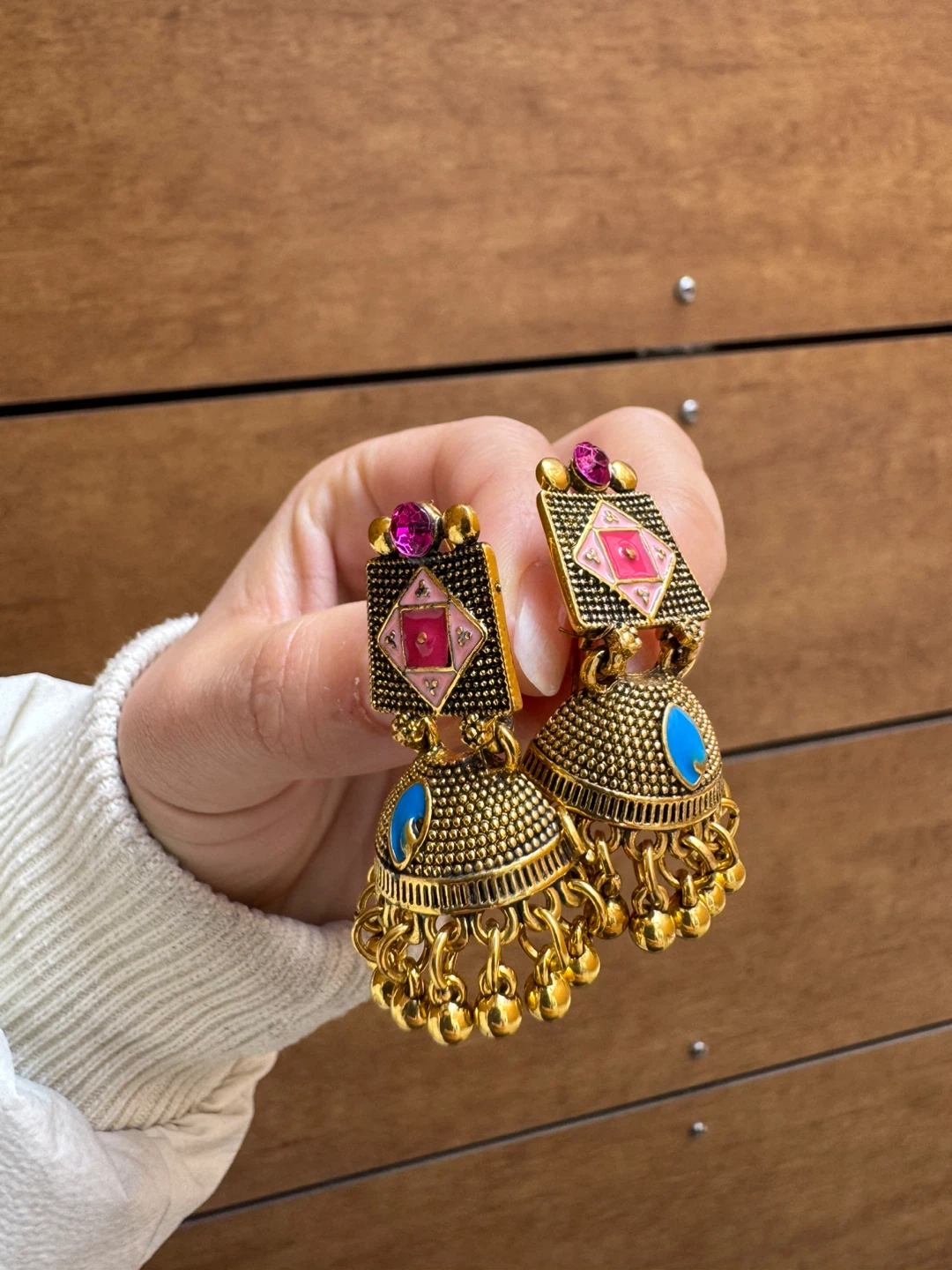 Gold Tone Jhumka Earrings with Pink and Blue Enamel - photo 2