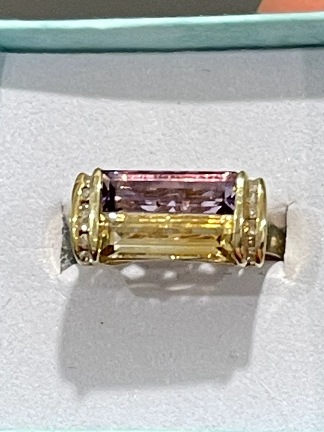 Gold Ring with Amethyst and Citrine side diamonds