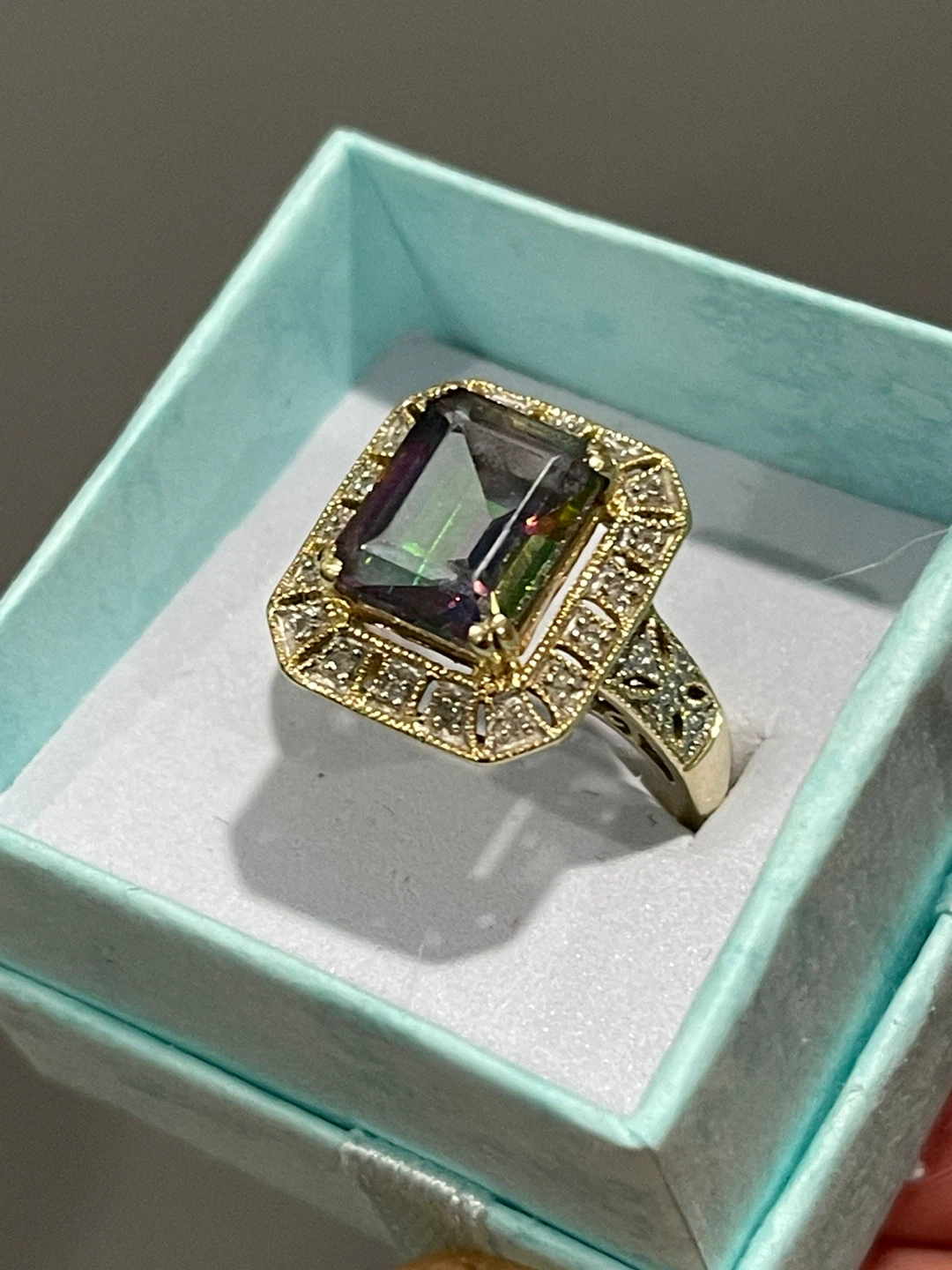 Emerald Cut Mystic Topaz and Diamond Ring