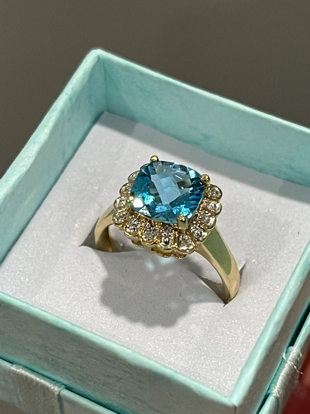 14k yellow Gold Blue Topaz & Diamond Halo Ring