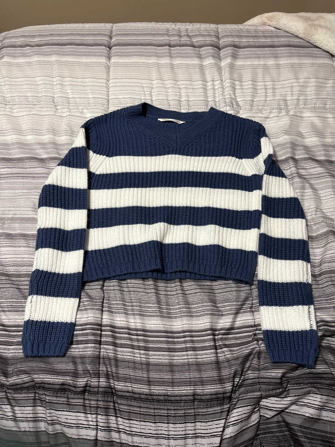 Blue and White Striped Cropped V-Neck Sweater