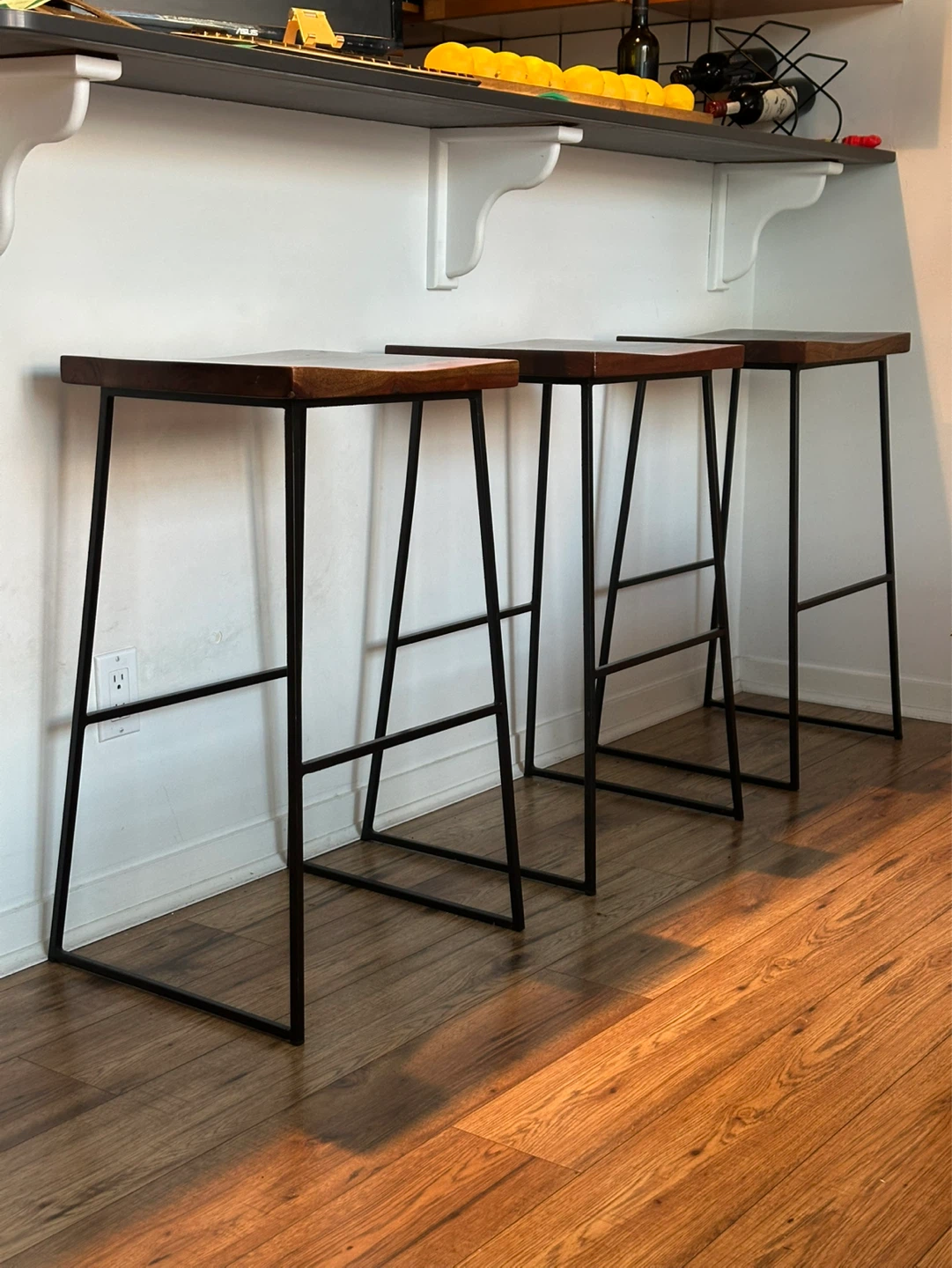 Set of 3 Modern Wooden & Metal Bar Stools