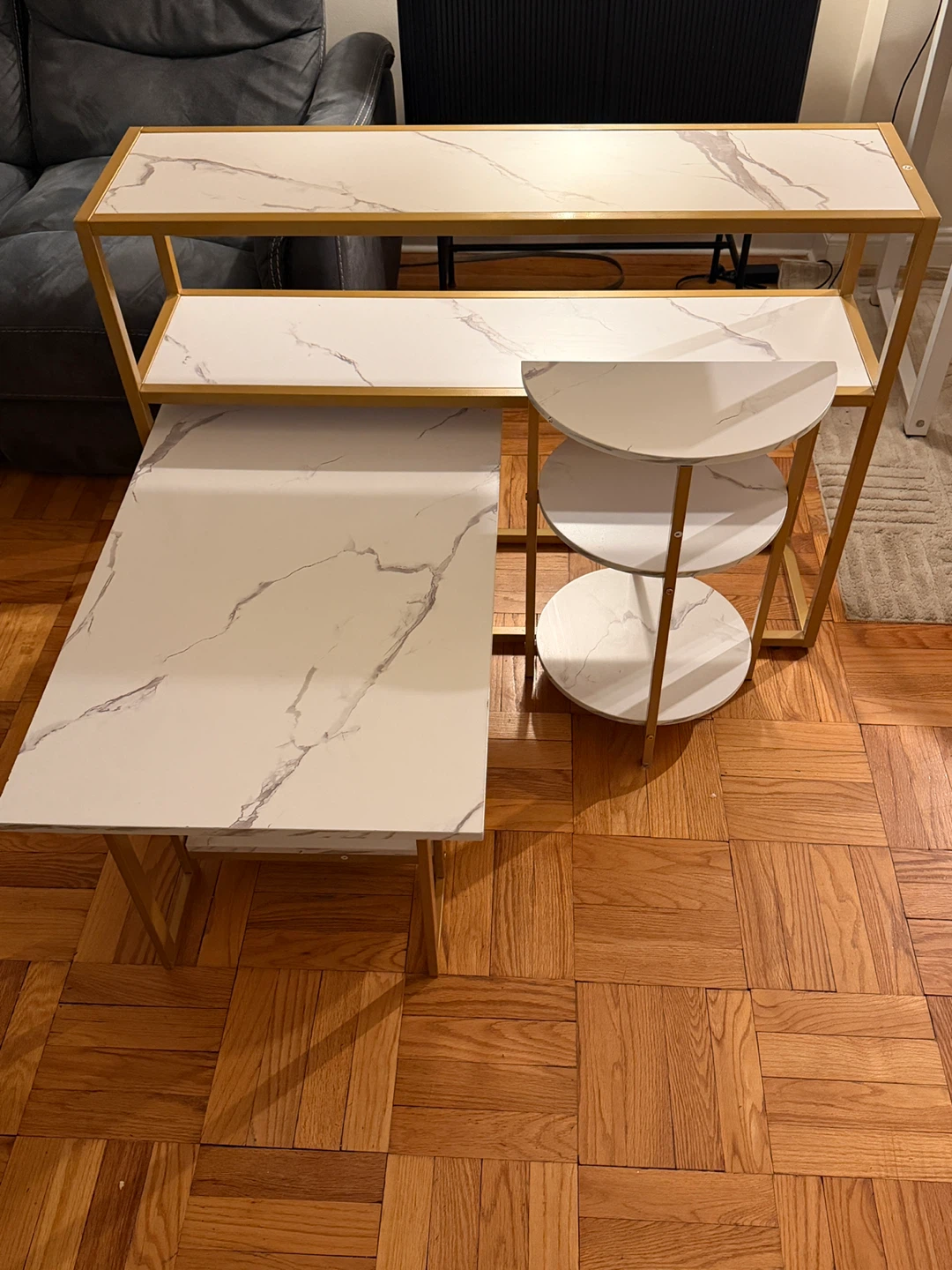 3 pieces Marble Effect Coffee Table and Side Table Set - photo 2