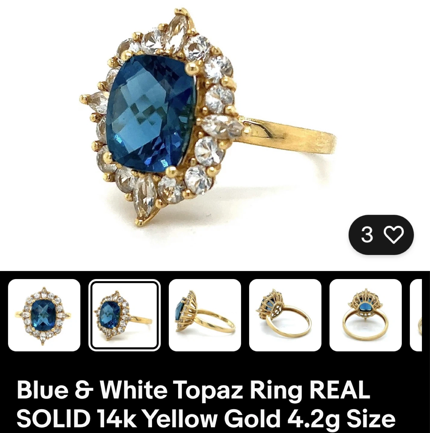 Blue & White Topaz Ring SOLID 14k Yellow Gold 4.2g - photo 2