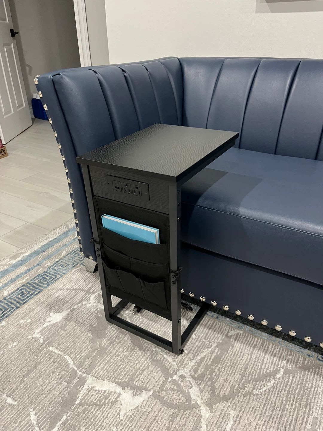 C-Shaped Sofa Side Table with Charging Station
