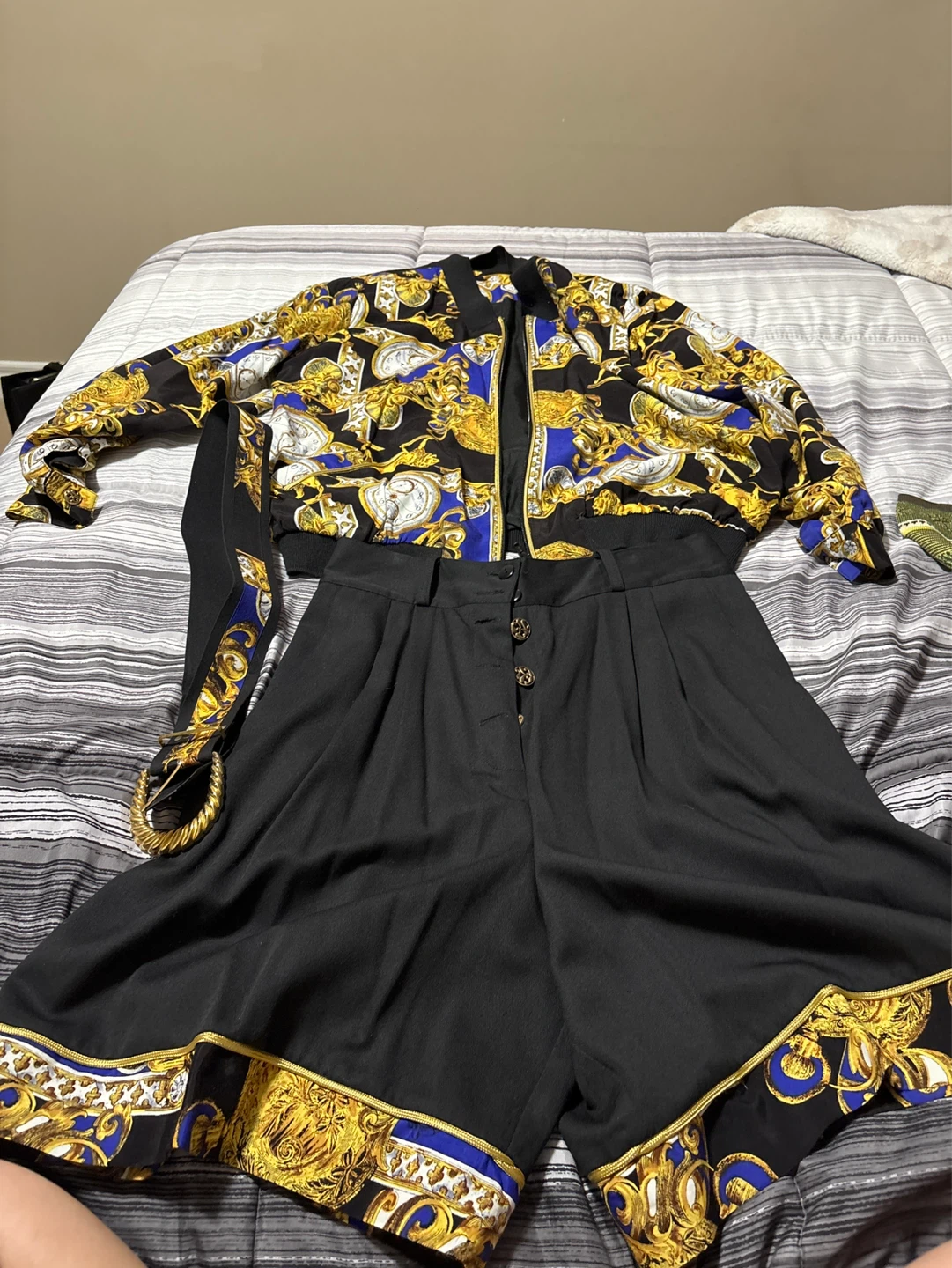 Matching Print Bomber Jacket and Wide-Leg Pants Set